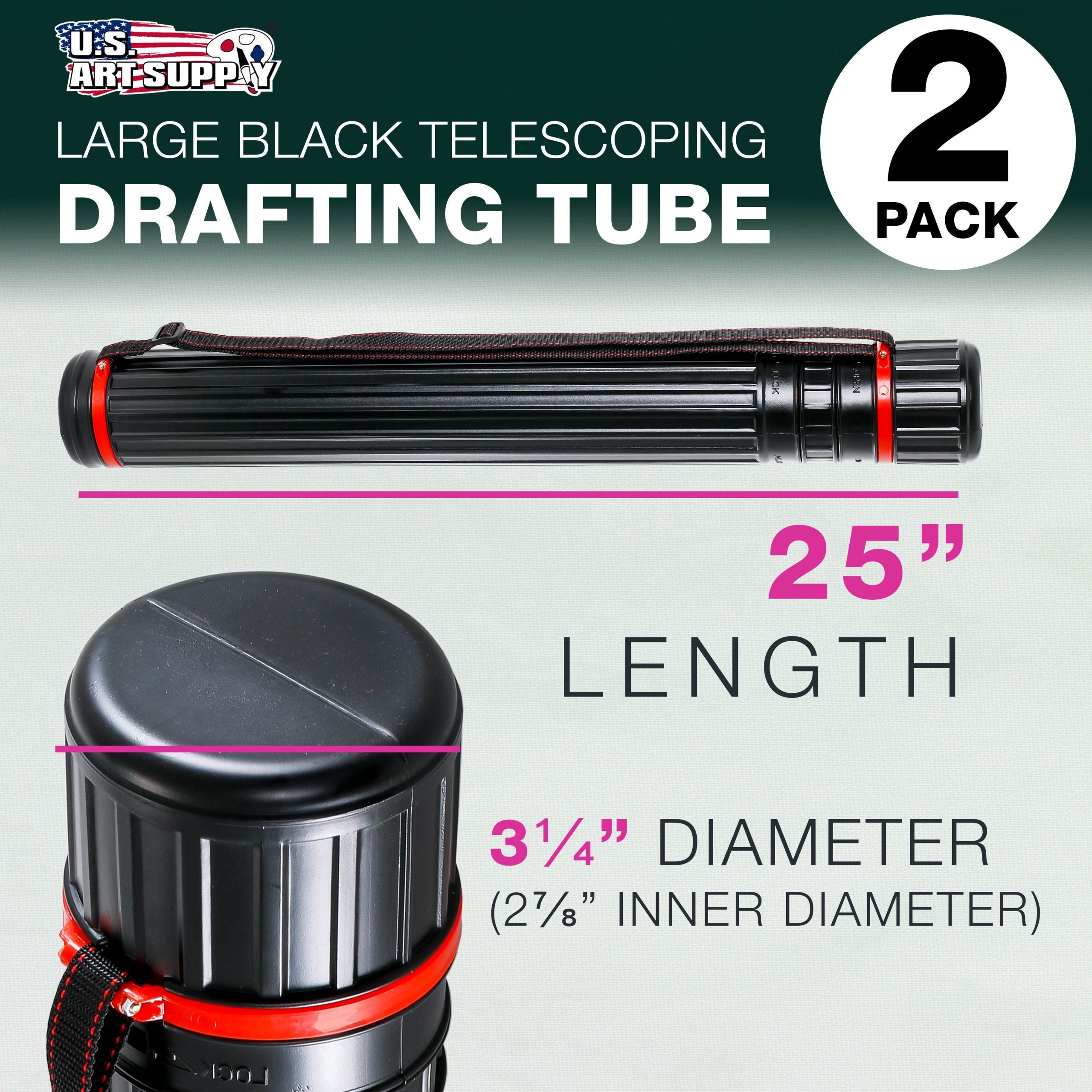 Black Telescoping Drafting Tube (Pack of 2) - 3-1/4 Outside/2-7/8 Inside Diameter. Expands 25 to 42-1/2. Durable Protection with Shoulder Strap - Ideal for Posters. Blueprints. Art - Image 2