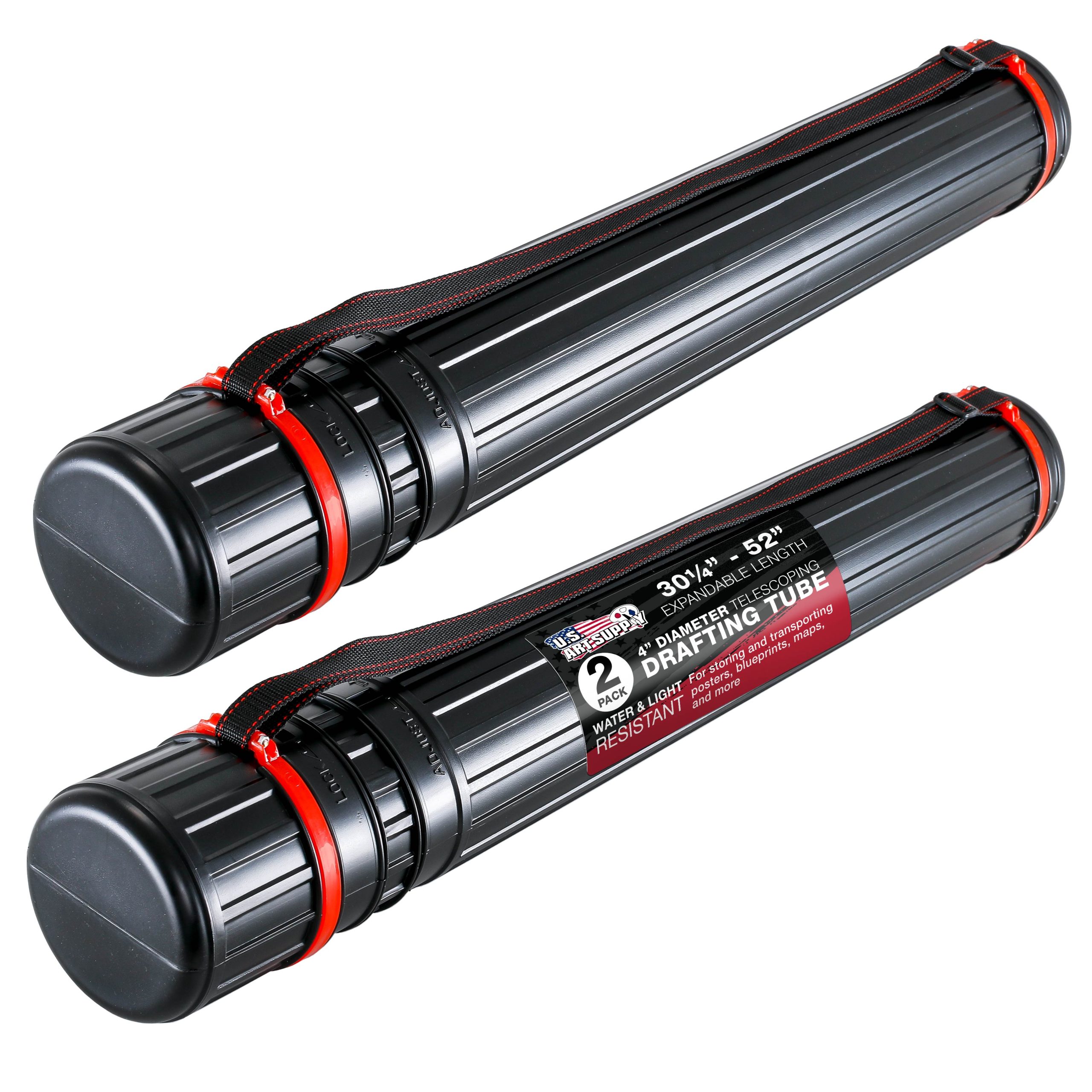 Black Telescoping Drafting Tube (Pack of 2) - 4 Outside/3-3/4 Inside Diameter. Expands 30-1/4 to 52. Durable Protection with Shoulder Strap - Ideal for Posters. Blueprints. Art