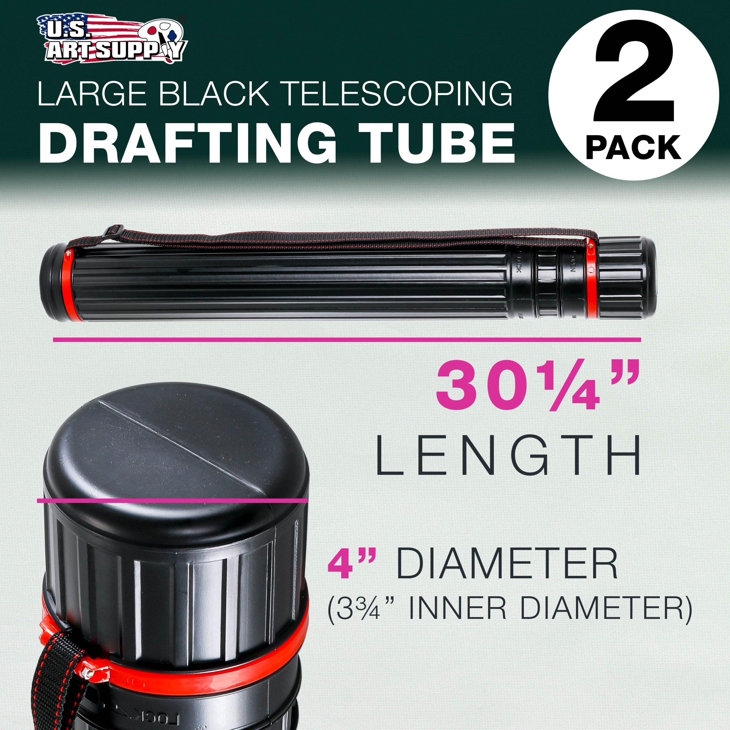 Black Telescoping Drafting Tube (Pack of 2) - 4 Outside/3-3/4 Inside Diameter. Expands 30-1/4 to 52. Durable Protection with Shoulder Strap - Ideal for Posters. Blueprints. Art - Image 2