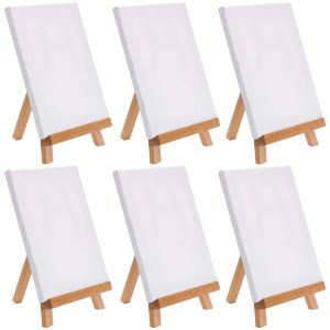 8 x 8 Stretched Canvas with 10.5 Small Wooden Tabletop Easel Kit (6 Pack) for Painting and Display Stand - A-Frame Table Top Easel. Canvas Holder