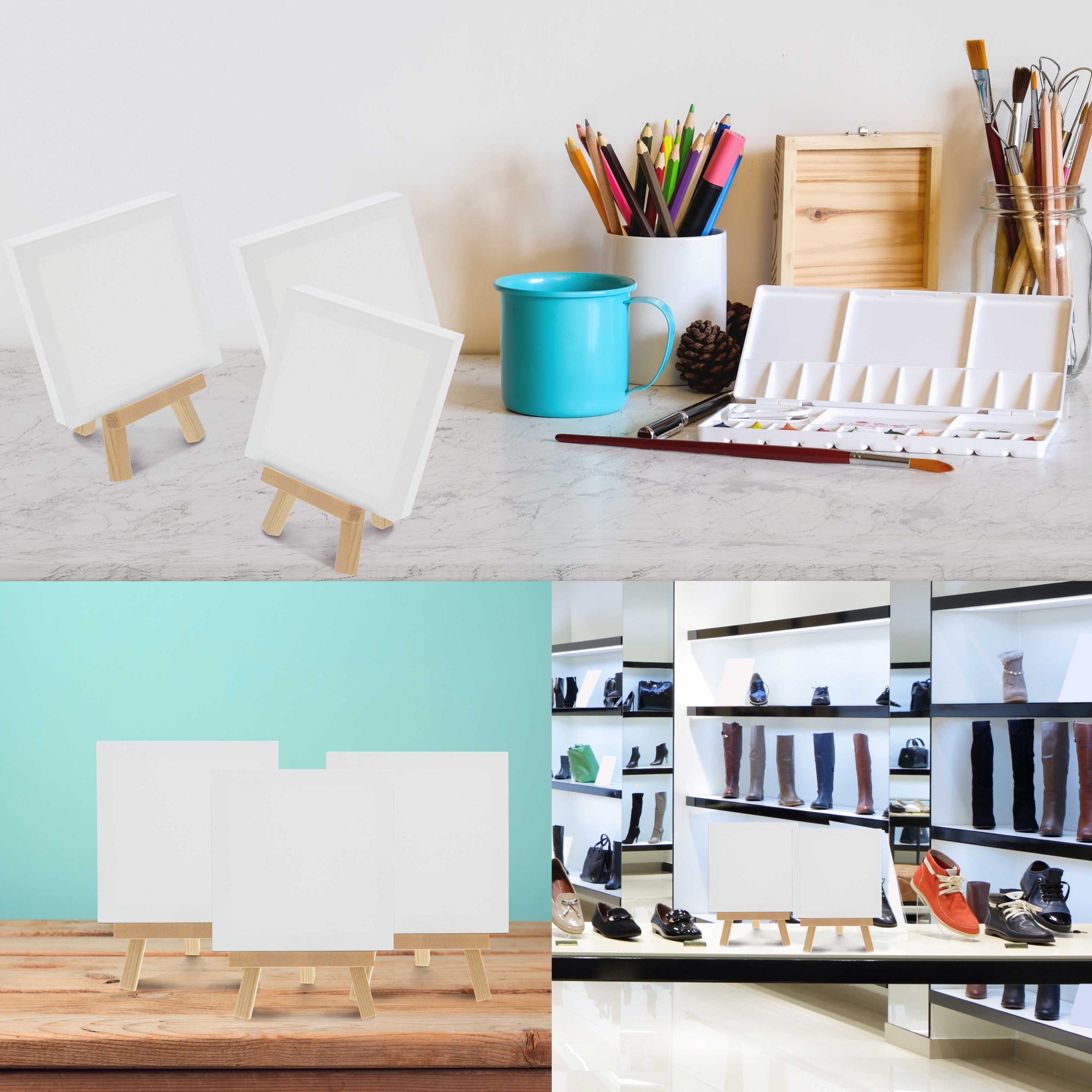 3 x 3 Stretched Canvas with 5 Mini Easel Kit (12 Pack) - Natural Wooden A-Frame Tabletop Display Stand. Mini Easel Stand - Small Easels for Display. Small Canvases. Crafts. Photos - Image 6