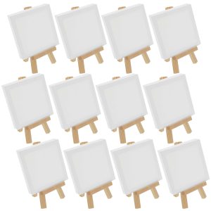 3 x 3 Stretched Canvas with 5 Mini Easel Kit (12 Pack) - Natural Wooden A-Frame Tabletop Display Stand. Mini Easel Stand - Small Easels for Display. Small Canvases. Crafts. Photos