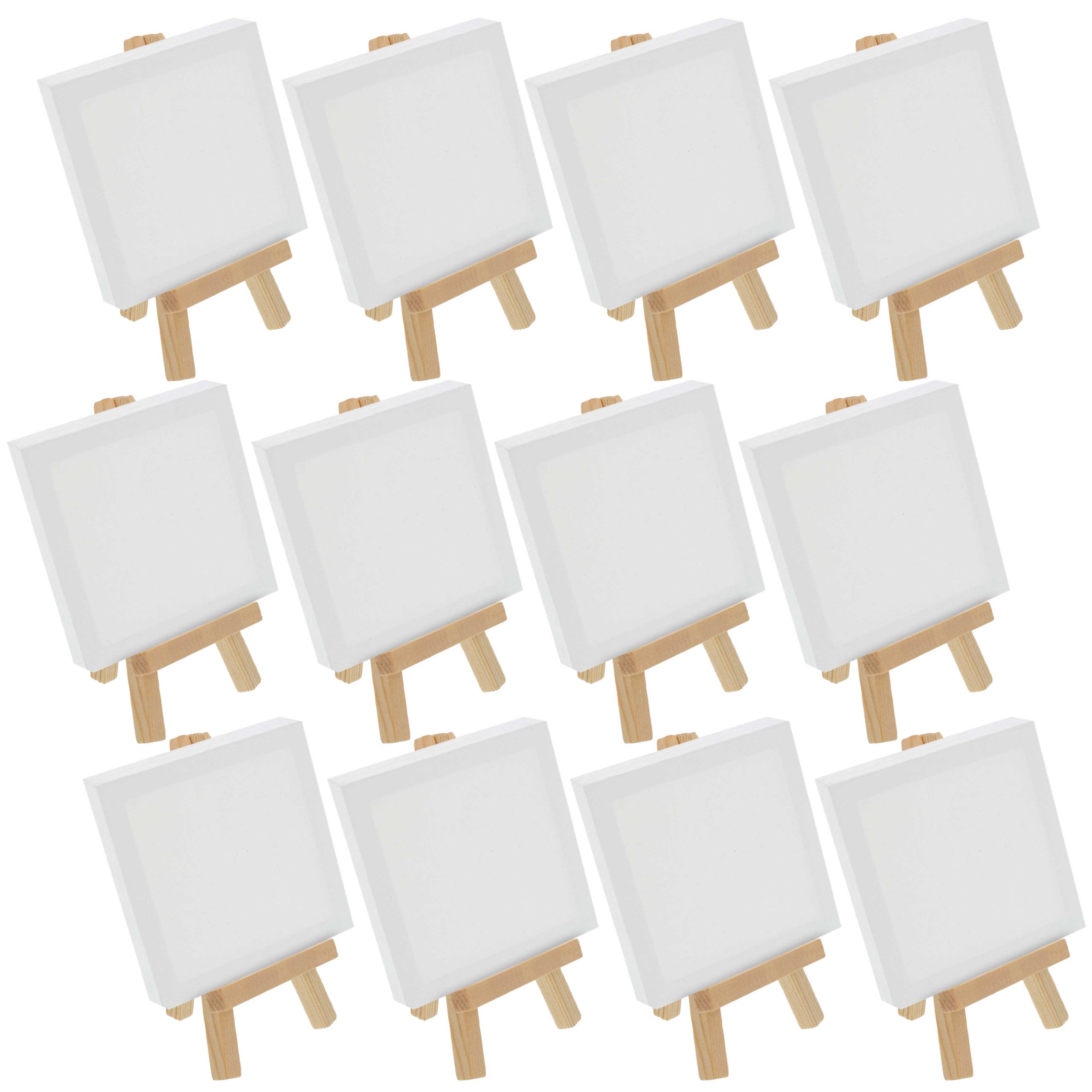 3 x 3 Stretched Canvas with 5 Mini Easel Kit (12 Pack) - Natural Wooden A-Frame Tabletop Display Stand. Mini Easel Stand - Small Easels for Display. Small Canvases. Crafts. Photos