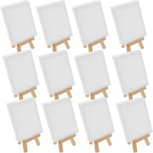 4 x 6 Stretched Canvas with 8 High Small Natural Wooden Easel (12 Pack). A-Frame Canvas Stand Tripod. Small Painting Easels - Tabletop Easel for Painting. Canvases. Student Crafts