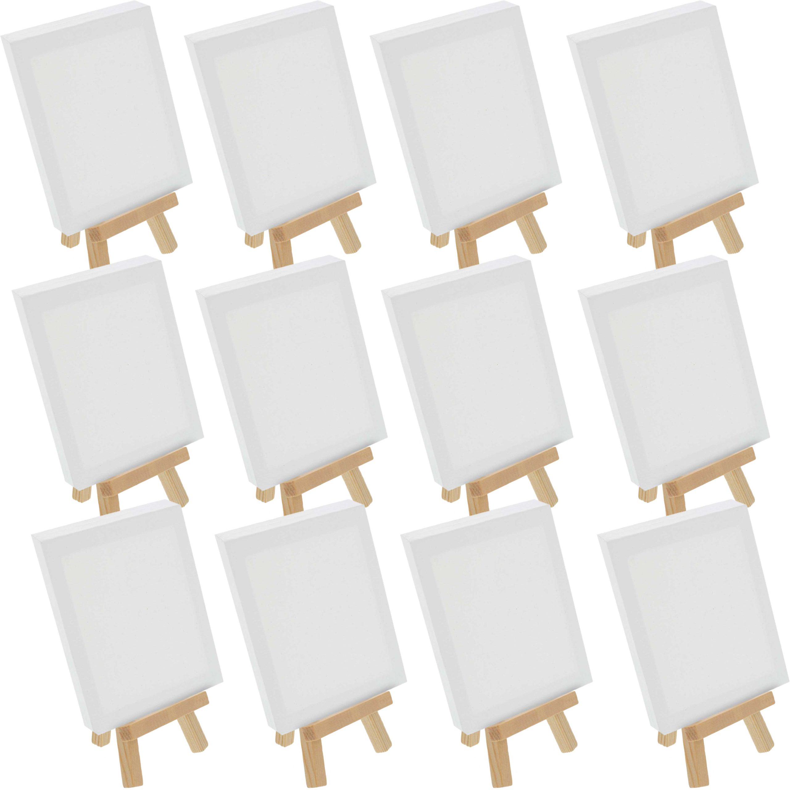 4 x 6 Stretched Canvas with 8 High Small Natural Wooden Easel (12 Pack). A-Frame Canvas Stand Tripod. Small Painting Easels - Tabletop Easel for Painting. Canvases. Student Crafts
