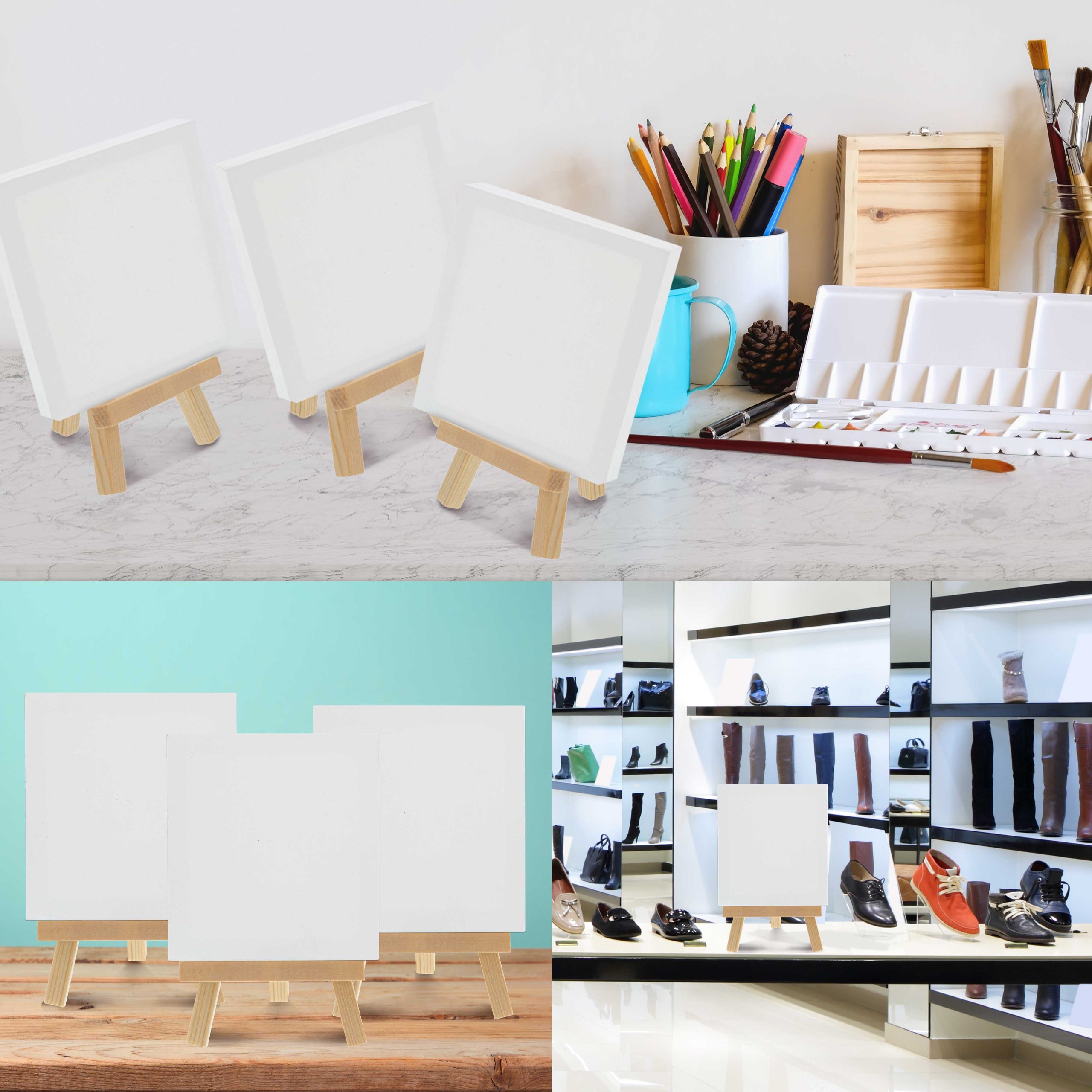 5 x 5 Stretched Canvas with 8 High Small Natural Wooden Easel (12 Pack). A-Frame Canvas Stand Tripod. Small Painting Easels - Tabletop Easel for Painting. Canvases. Student Crafts - Image 6