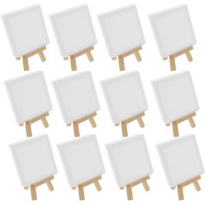 5 x 5 Stretched Canvas with 8 High Small Natural Wooden Easel (12 Pack). A-Frame Canvas Stand Tripod. Small Painting Easels - Tabletop Easel for Painting. Canvases. Student Crafts