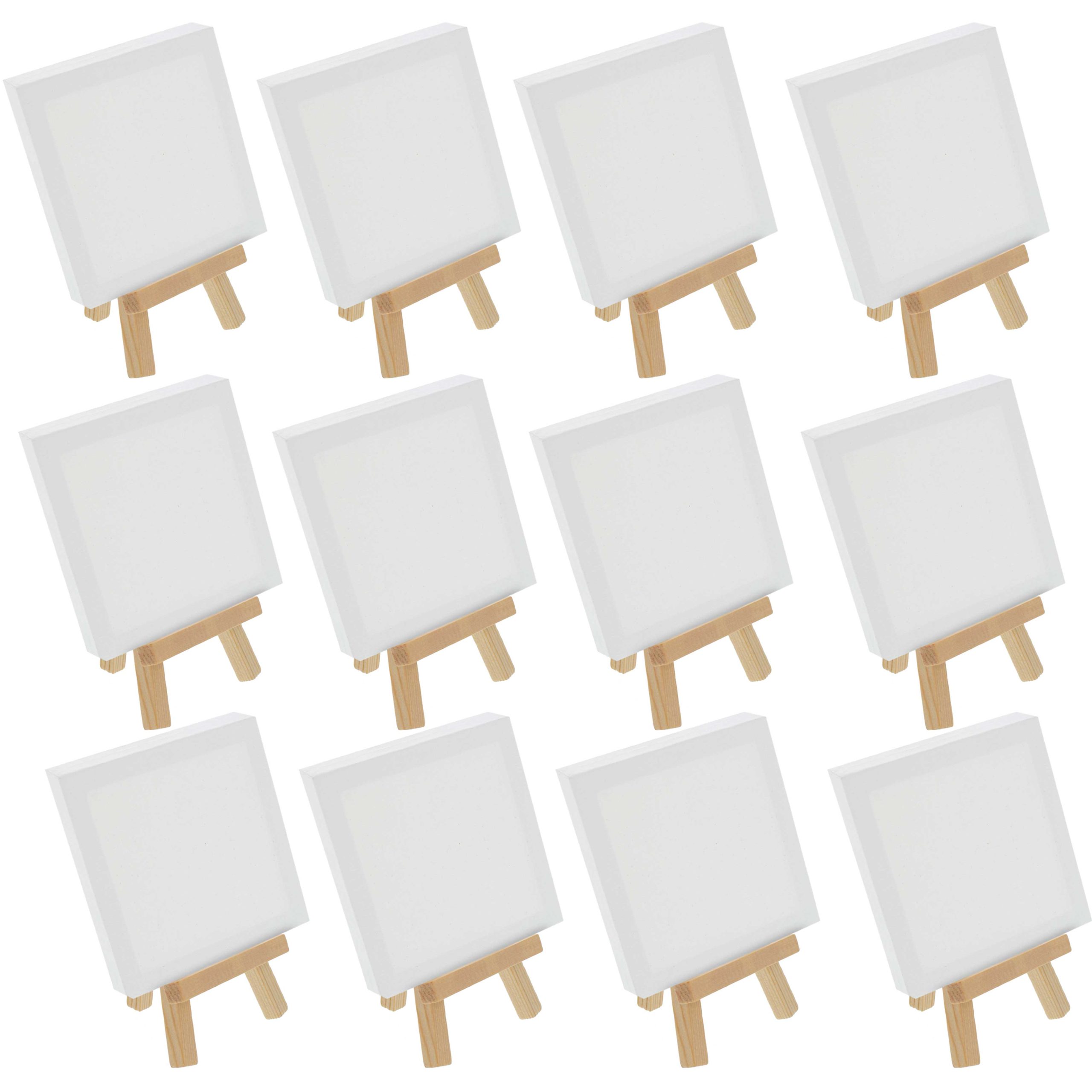 5 x 5 Stretched Canvas with 8 High Small Natural Wooden Easel (12 Pack). A-Frame Canvas Stand Tripod. Small Painting Easels - Tabletop Easel for Painting. Canvases. Student Crafts
