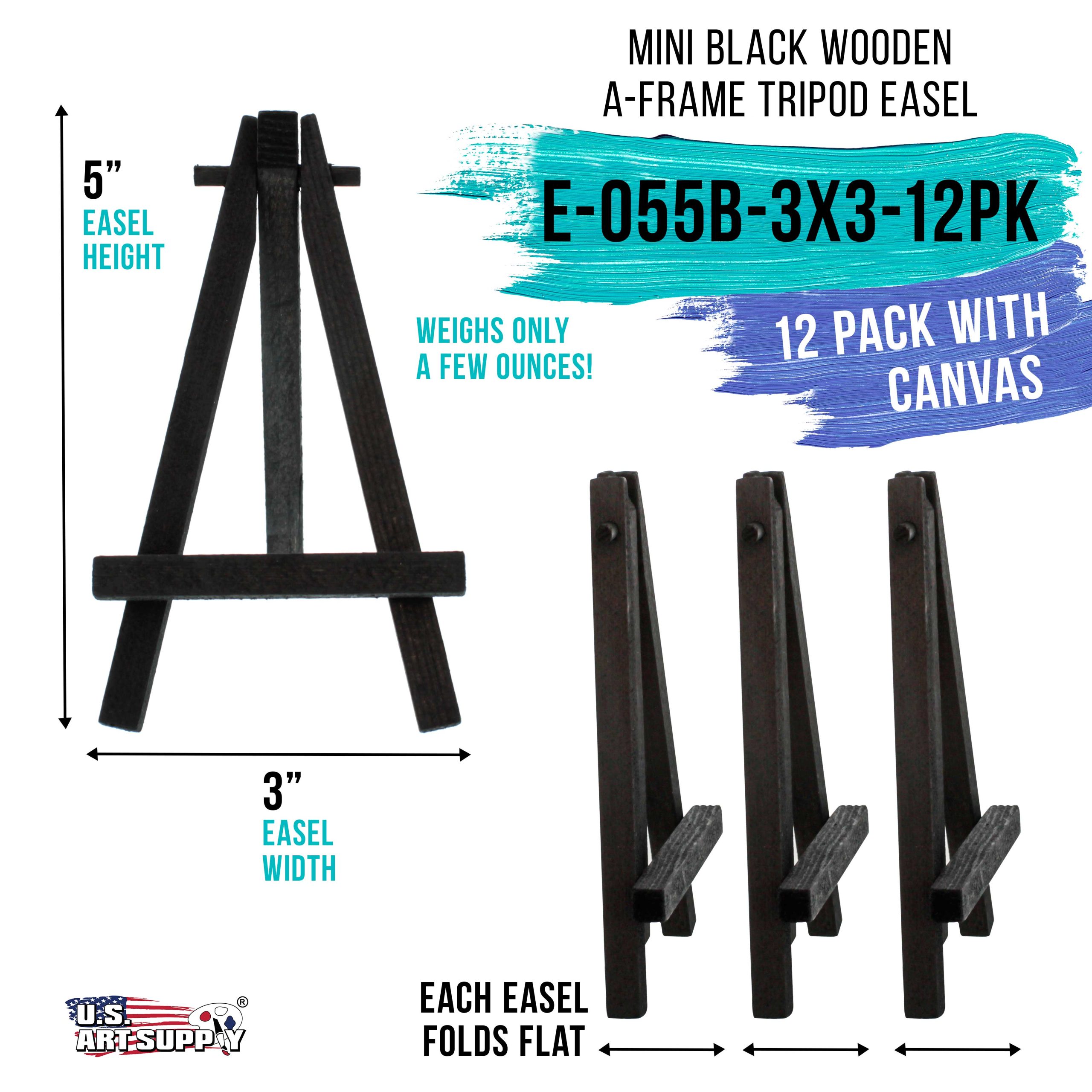 3 x 3 Stretched Canvas with 5 Mini Easel Kit (12 Pack) - Black Wooden A-Frame Tabletop Display Stand. Mini Easel Stand - Small Easels for Display. Small Canvases. Crafts. Photos - Image 2