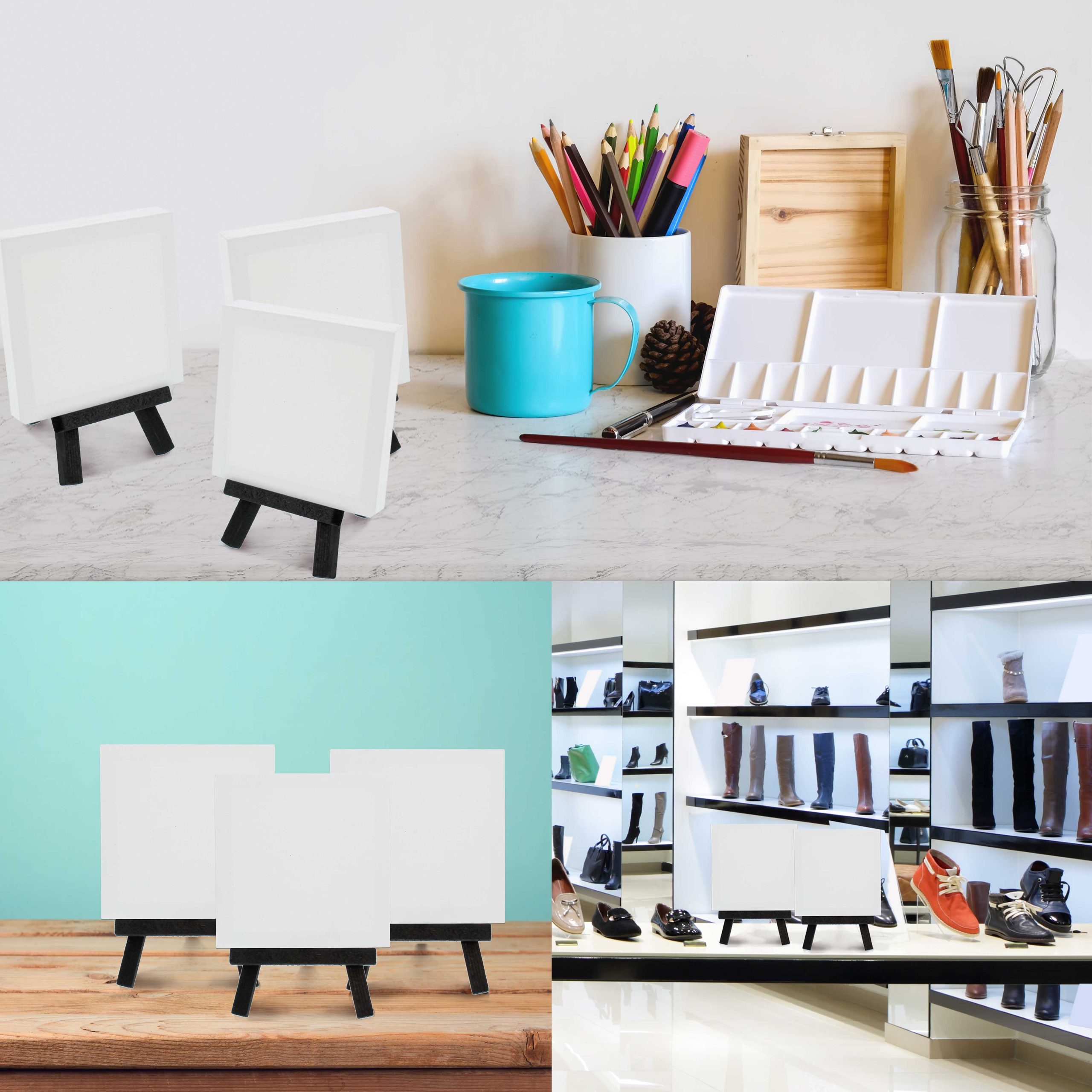 3 x 3 Stretched Canvas with 5 Mini Easel Kit (12 Pack) - Black Wooden A-Frame Tabletop Display Stand. Mini Easel Stand - Small Easels for Display. Small Canvases. Crafts. Photos - Image 6