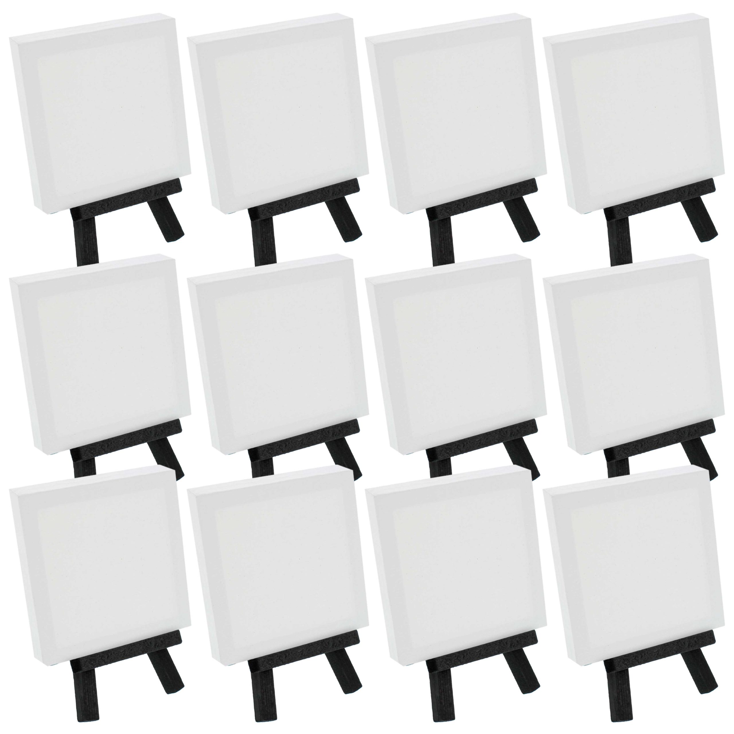 3 x 3 Stretched Canvas with 5 Mini Easel Kit (12 Pack) - Black Wooden A-Frame Tabletop Display Stand. Mini Easel Stand - Small Easels for Display. Small Canvases. Crafts. Photos
