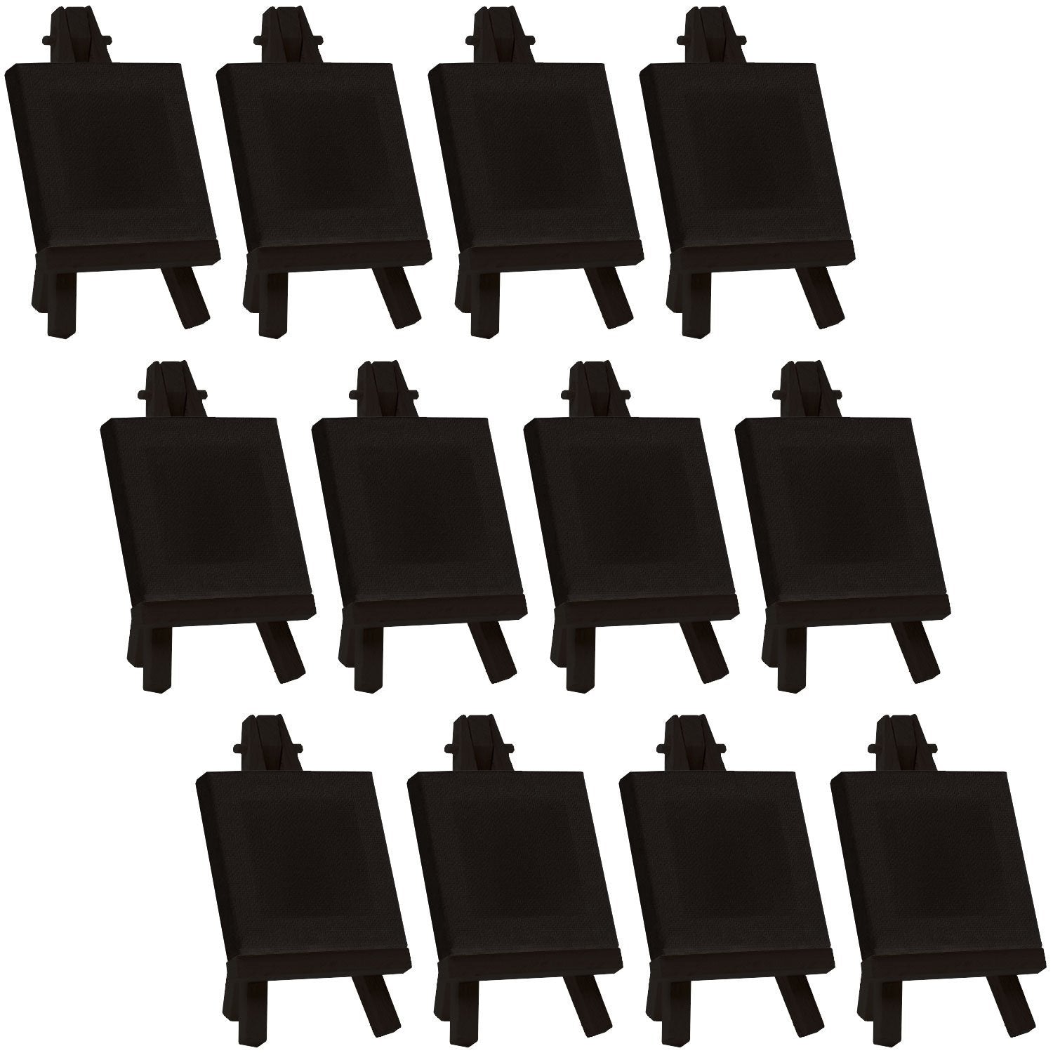 3 x 3 Stretched Black Canvas with 5 Mini Easel Kit (12 Pack) - Black Wooden A-Frame Tabletop Display Stand. Mini Easel Stand - Small Easels for Display. Small Canvases. Crafts