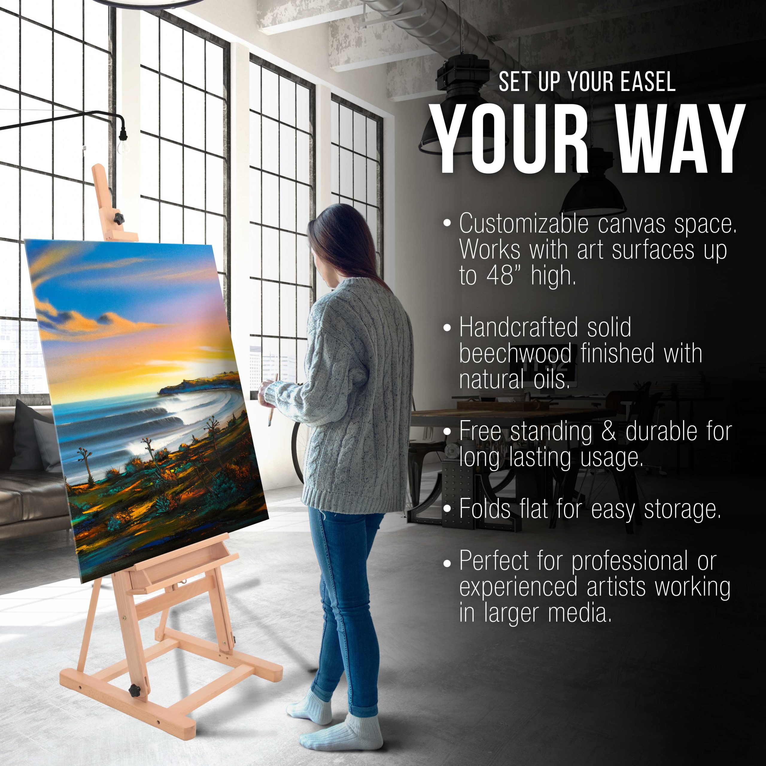 Medium Wooden Studio H Frame Easel with Storage Tray - Adjustable to 96 High. Holds Canvas up to 48 - Beechwood Artist Easel for Painting. Art Display Stand. Portraits - Image 4