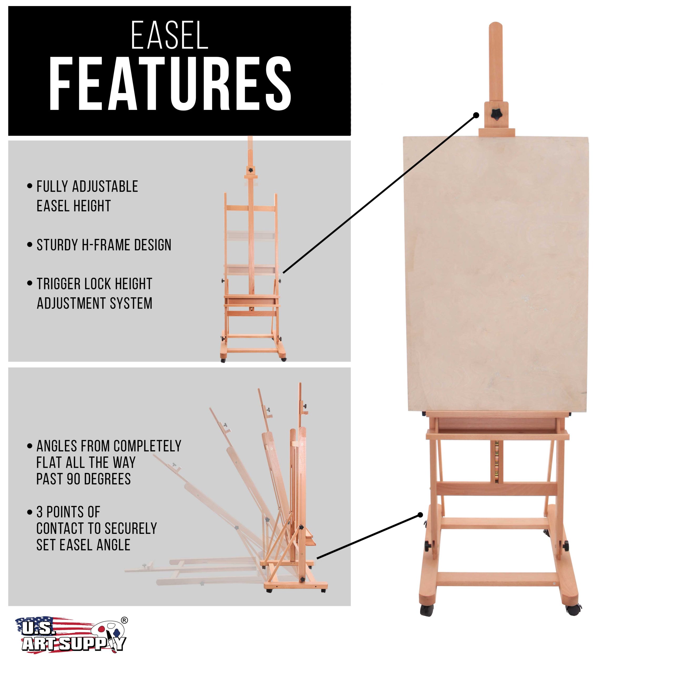 Medium Wooden Studio H Frame Easel with Storage Tray and Wheels - Adjustable to 96 High. Holds 48 Canvas - Beechwood Artist Easel for Painting. Art Display. Portraits - Image 3