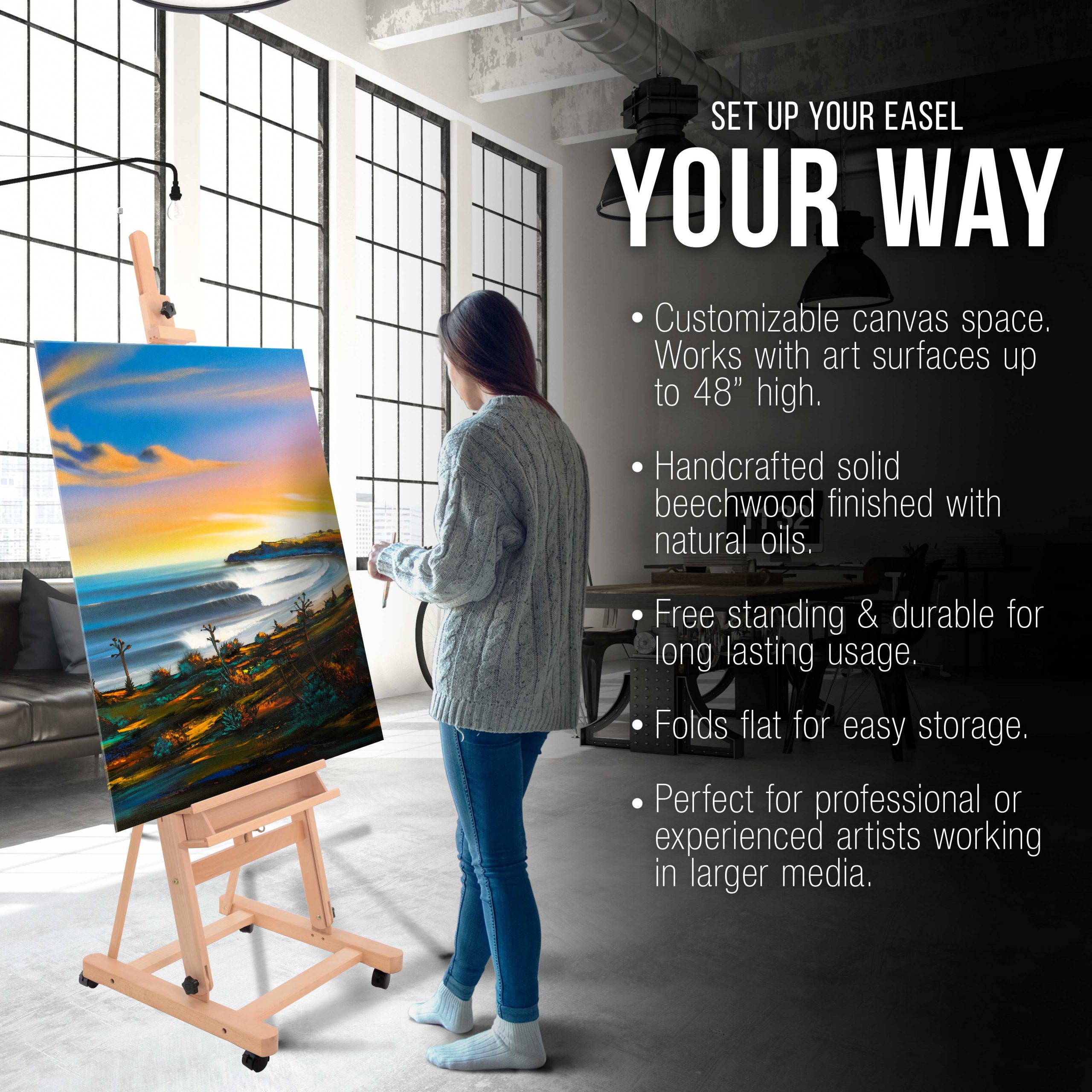 Medium Wooden Studio H Frame Easel with Storage Tray and Wheels - Adjustable to 96 High. Holds 48 Canvas - Beechwood Artist Easel for Painting. Art Display. Portraits - Image 4