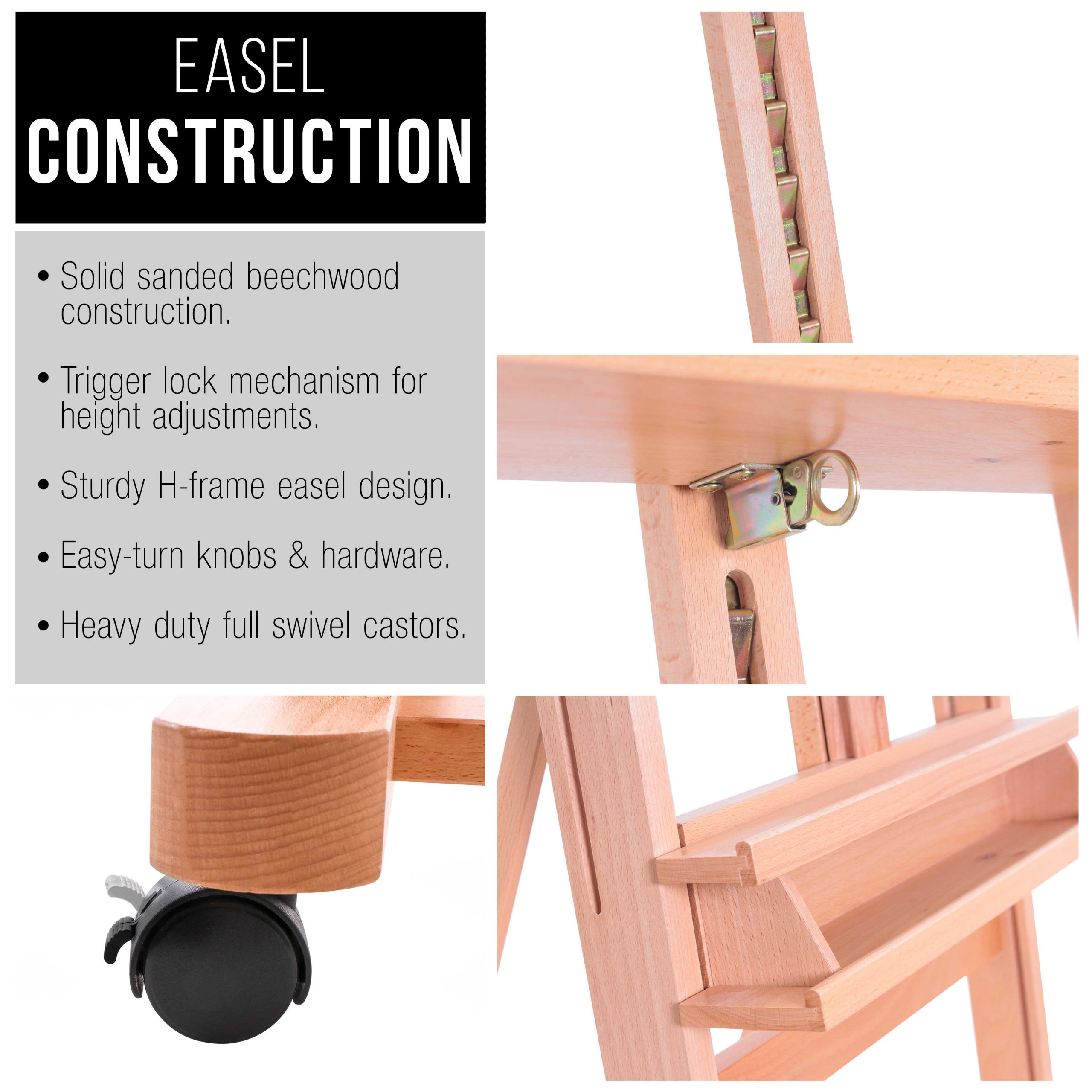 Medium Wooden Studio H Frame Easel with Storage Tray and Wheels - Adjustable to 96 High. Holds 48 Canvas - Beechwood Artist Easel for Painting. Art Display. Portraits - Image 5