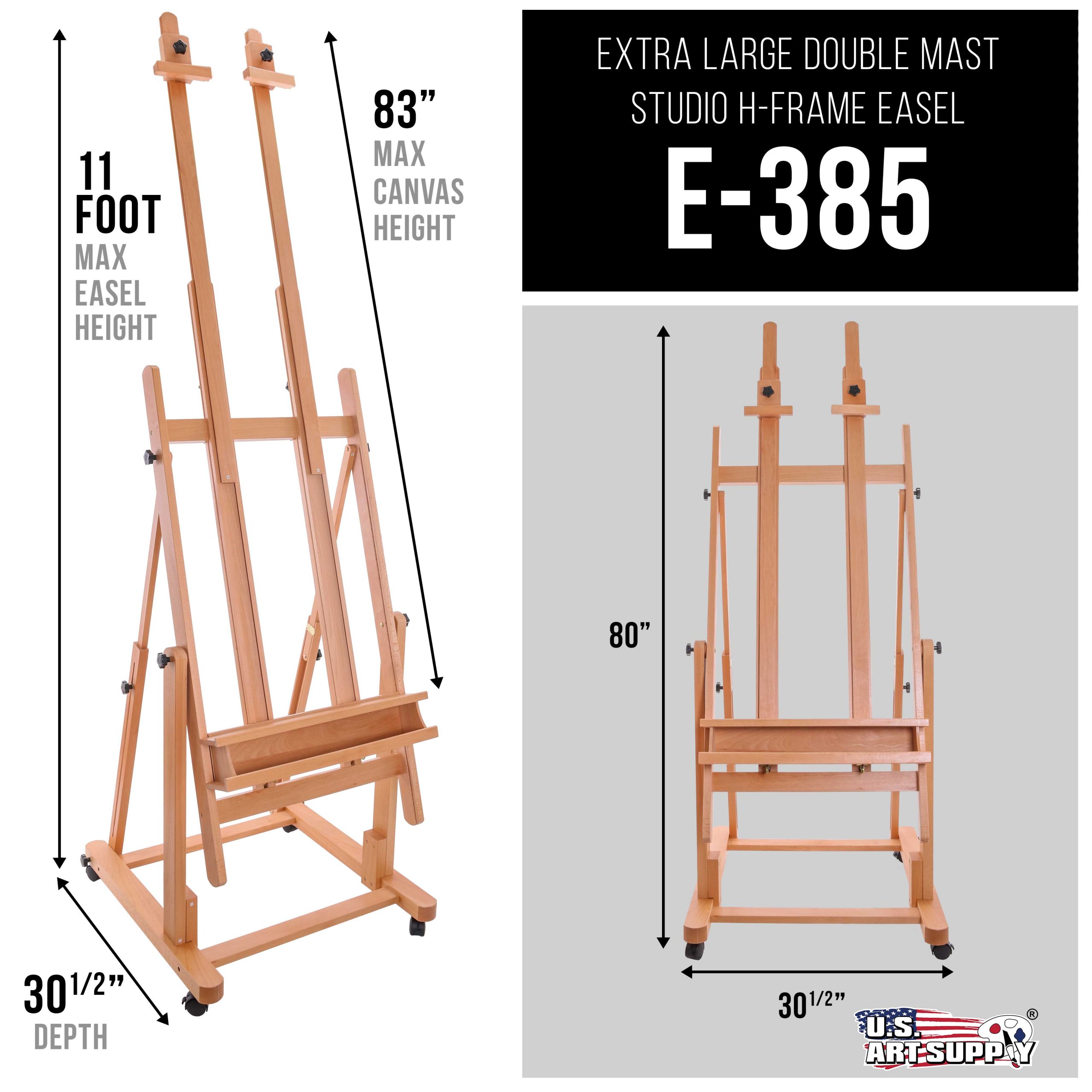 Extra Large Double Mast Wooden H-Frame Easel: Adjustable Studio Artist Easel for Painting with Rotating Canvas Stand. Artist Storage Tray & Locking Pro Caster Wheels. Premium Beechwood - Image 2