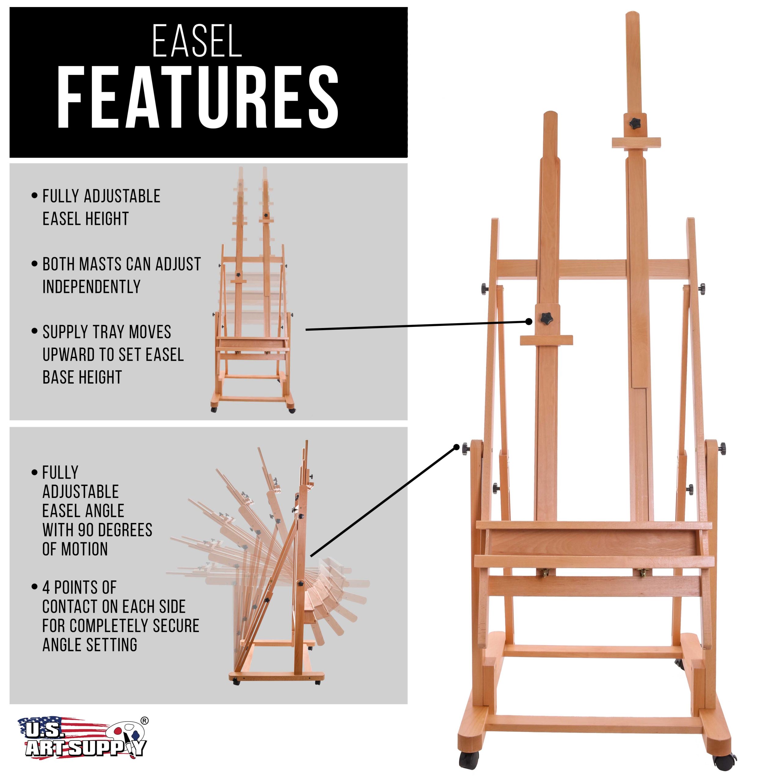 Extra Large Double Mast Wooden H-Frame Easel: Adjustable Studio Artist Easel for Painting with Rotating Canvas Stand. Artist Storage Tray & Locking Pro Caster Wheels. Premium Beechwood - Image 3
