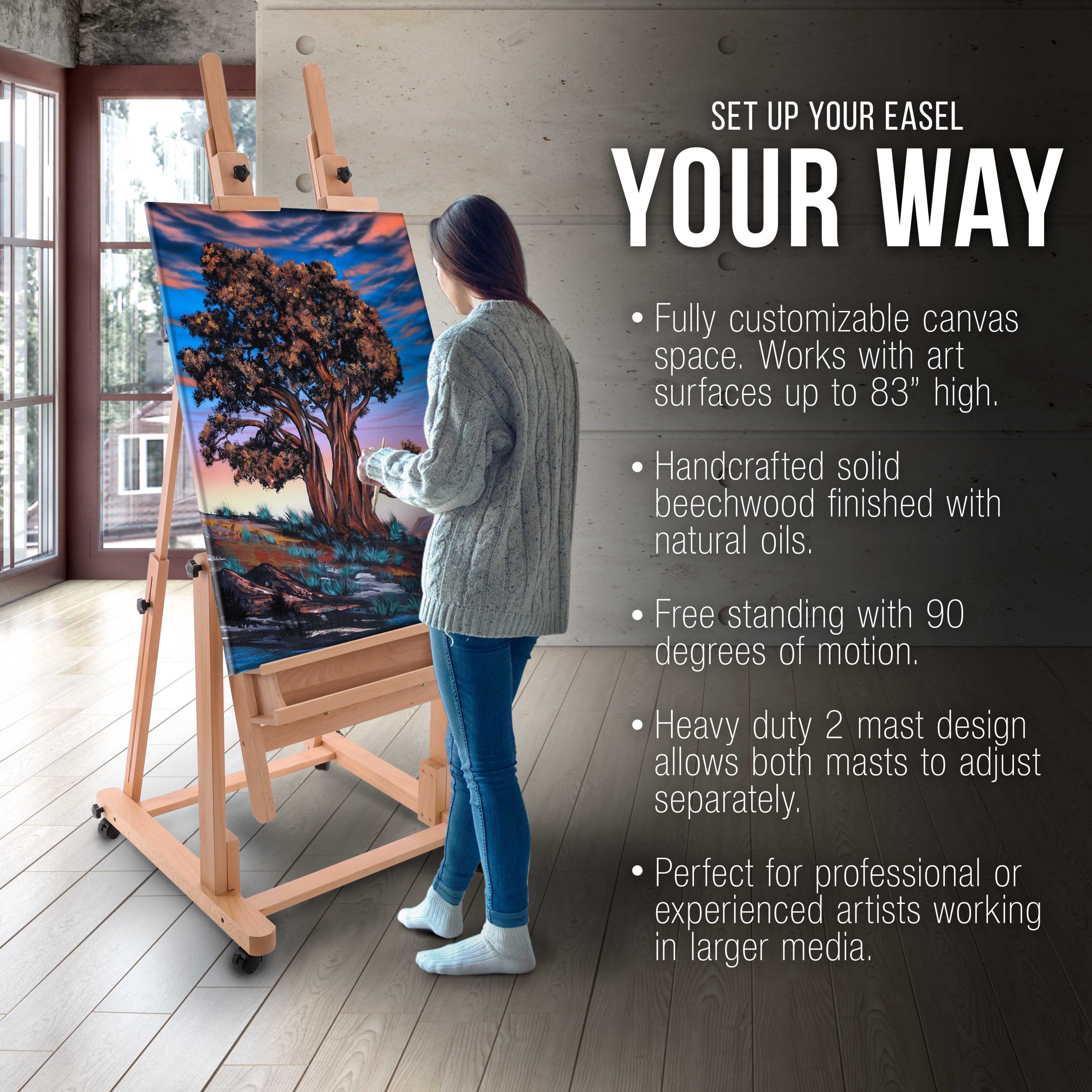 Extra Large Double Mast Wooden H-Frame Easel: Adjustable Studio Artist Easel for Painting with Rotating Canvas Stand. Artist Storage Tray & Locking Pro Caster Wheels. Premium Beechwood - Image 4