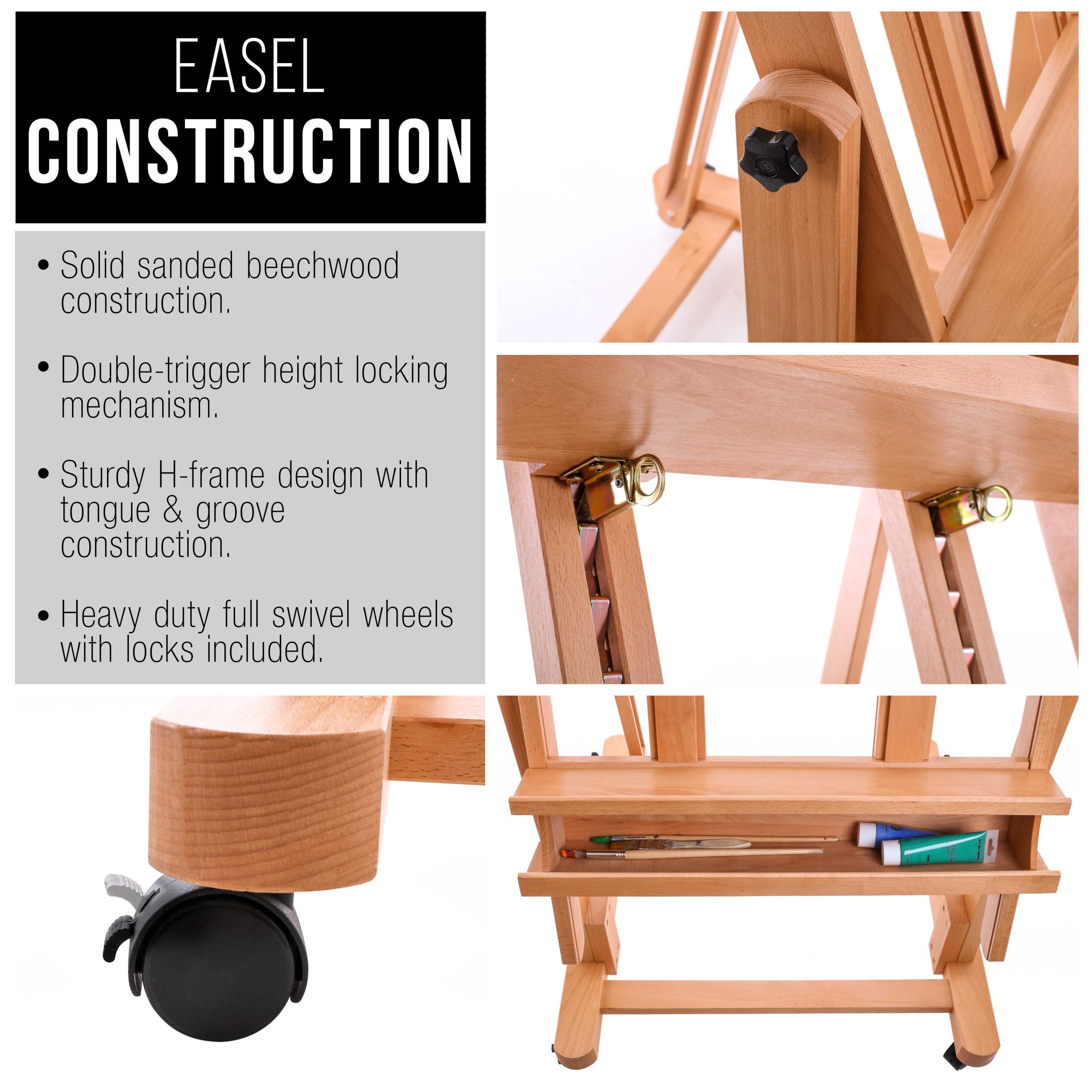 Extra Large Double Mast Wooden H-Frame Easel: Adjustable Studio Artist Easel for Painting with Rotating Canvas Stand. Artist Storage Tray & Locking Pro Caster Wheels. Premium Beechwood - Image 5