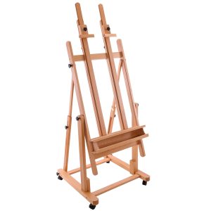 Extra Large Double Mast Wooden H-Frame Easel: Adjustable Studio Artist Easel for Painting with Rotating Canvas Stand. Artist Storage Tray & Locking Pro Caster Wheels. Premium Beechwood