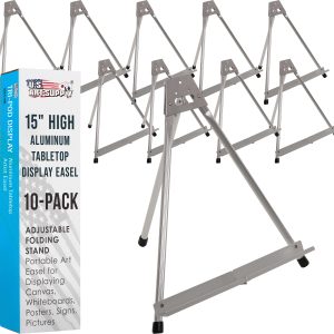 15 High Aluminum Tabletop Display Easel for Painting (10 Pack). Adjustable Folding Stand - Portable Art Easel for Displaying Canvas. Whiteboards. Posters. Signs. Pictures. Paintings