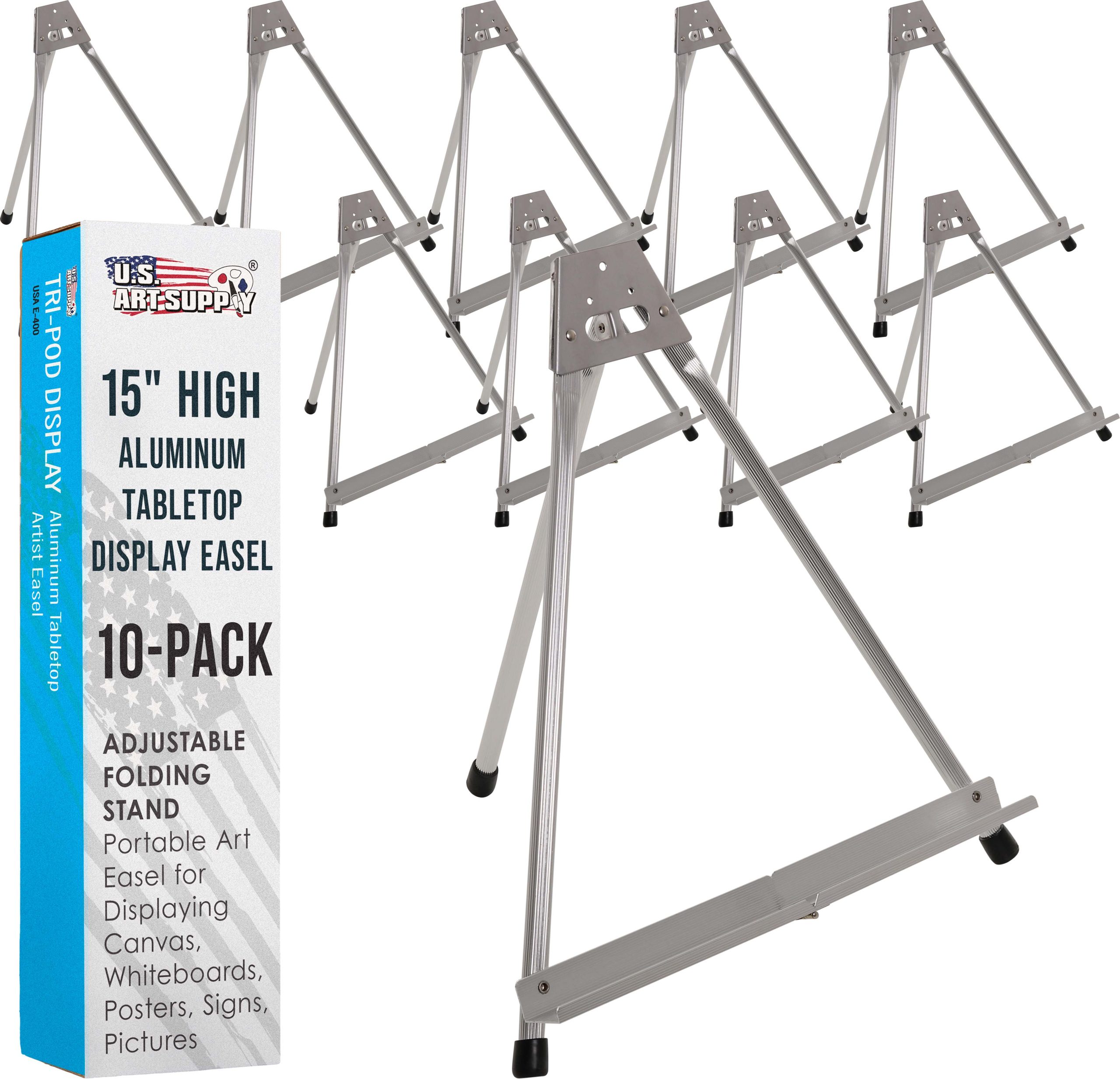 15 High Aluminum Tabletop Display Easel for Painting (10 Pack). Adjustable Folding Stand - Portable Art Easel for Displaying Canvas. Whiteboards. Posters. Signs. Pictures. Paintings