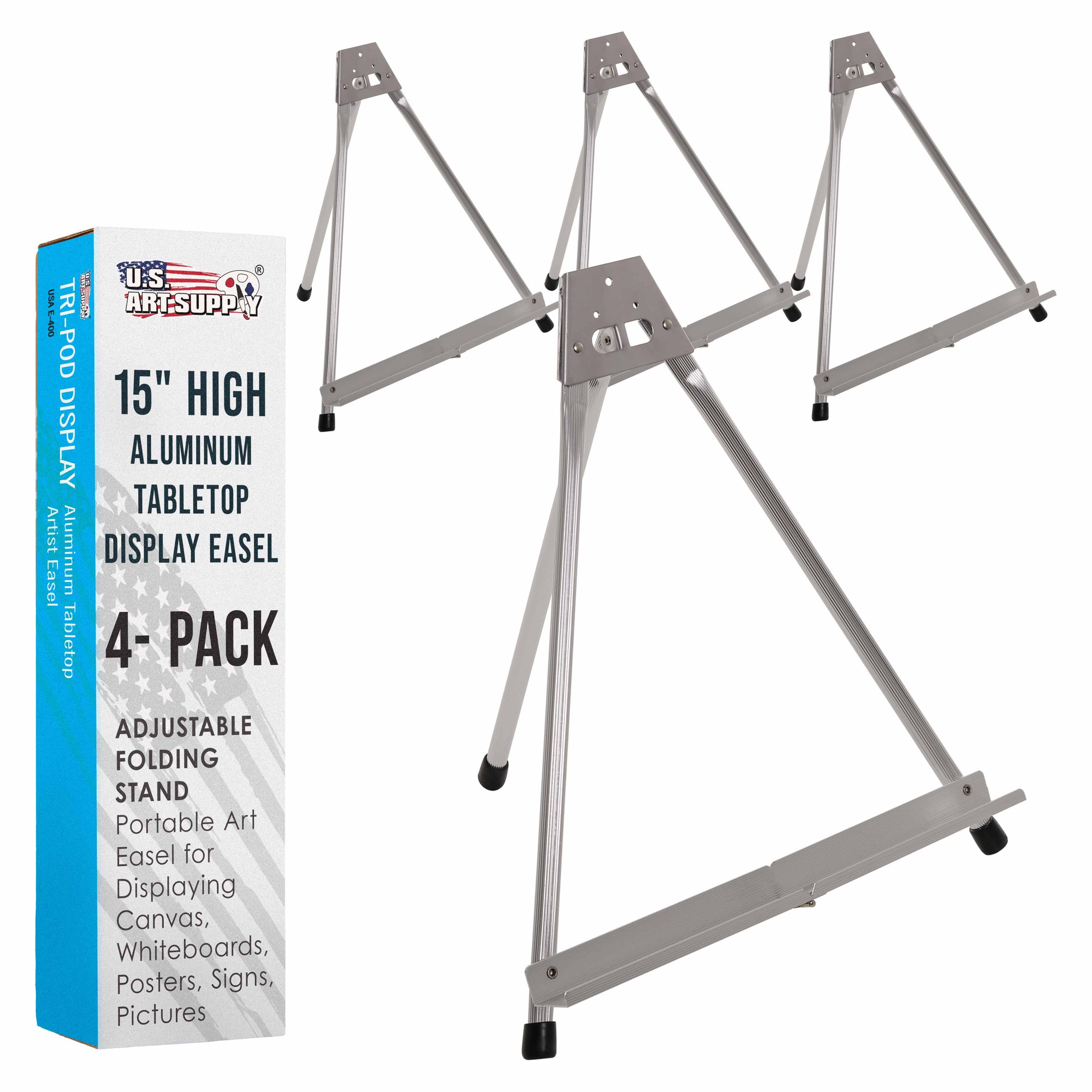15 High Aluminum Tabletop Display Easel for Painting (4 Pack). Adjustable Folding Stand - Portable Art Easel for Displaying Canvas. Whiteboards. Posters. Signs. Pictures. Paintings