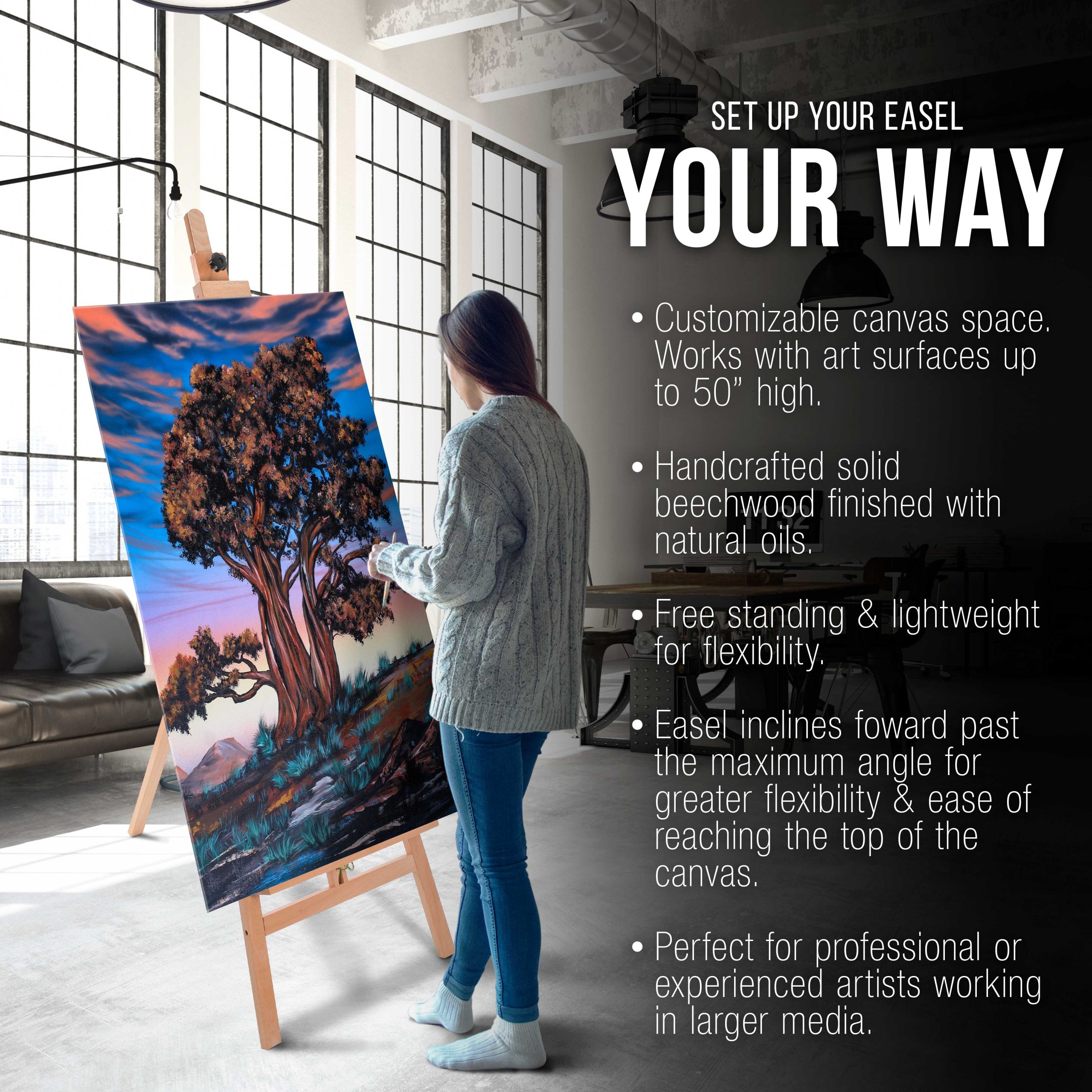64 to 89 Sunset Medium A-Frame Wood Easel. Lyre Style Studio Easel - Wooden Artists Floor Stand. Sturdy. Adjustable Height To 50 Canvas - Painting. Drawing. Sign Display - Image 4