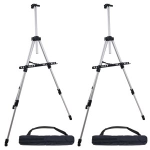 66 Silver Metal Tripod Easel Display (2 Pack) - Adjustable 18- 5.5'. Holds 36 Canvas - Floor/Tabletop Easel Stand. For Sign Display. Painting. Poster Board. Canvas - Portable Bag