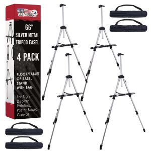 66 Silver Metal Tripod Easel Display (4 Pack) - Adjustable 18- 5.5'. Holds 36 Canvas - Floor/Tabletop Easel Stand. For Sign Display. Painting. Poster Board. Canvas - Portable Bag