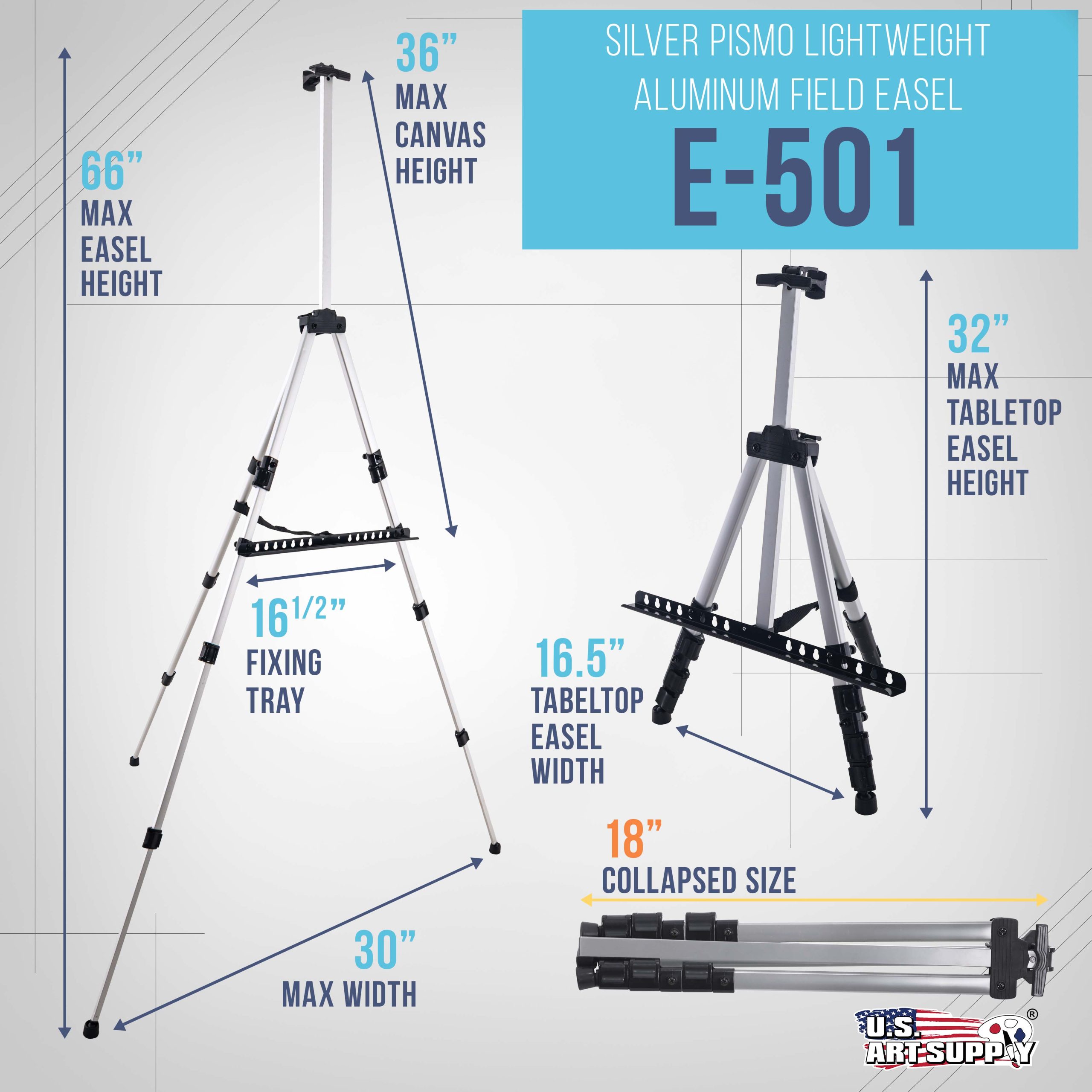 66 Silver Metal Tripod Easel Display - Adjustable 18- 5.5'. Holds 36 Canvas - Floor/Tabletop Easel Stand. For Sign Display. Painting. Poster Board. Canvas - Portable Bag - Image 2