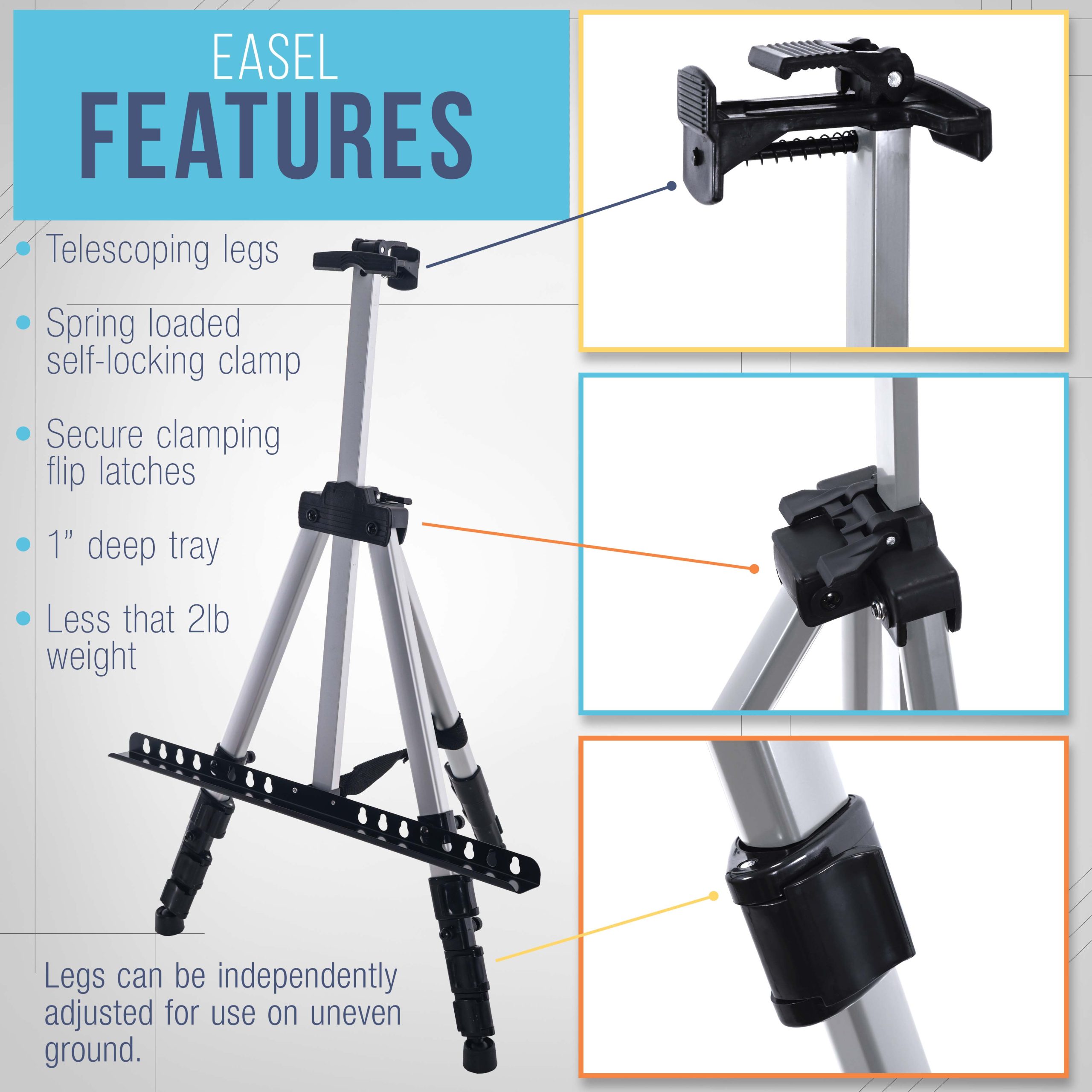 66 Silver Metal Tripod Easel Display - Adjustable 18- 5.5'. Holds 36 Canvas - Floor/Tabletop Easel Stand. For Sign Display. Painting. Poster Board. Canvas - Portable Bag - Image 3