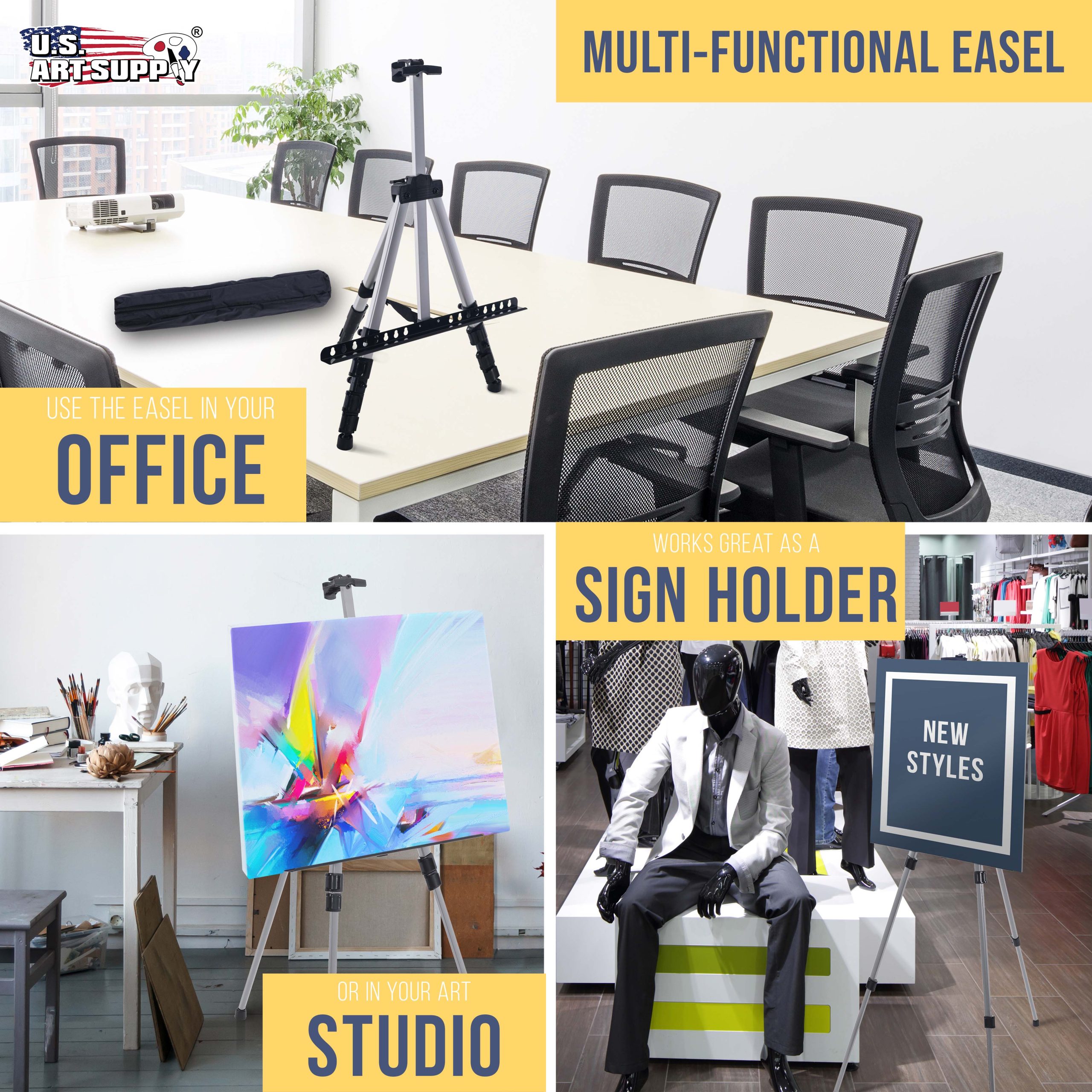 66 Silver Metal Tripod Easel Display - Adjustable 18- 5.5'. Holds 36 Canvas - Floor/Tabletop Easel Stand. For Sign Display. Painting. Poster Board. Canvas - Portable Bag - Image 6