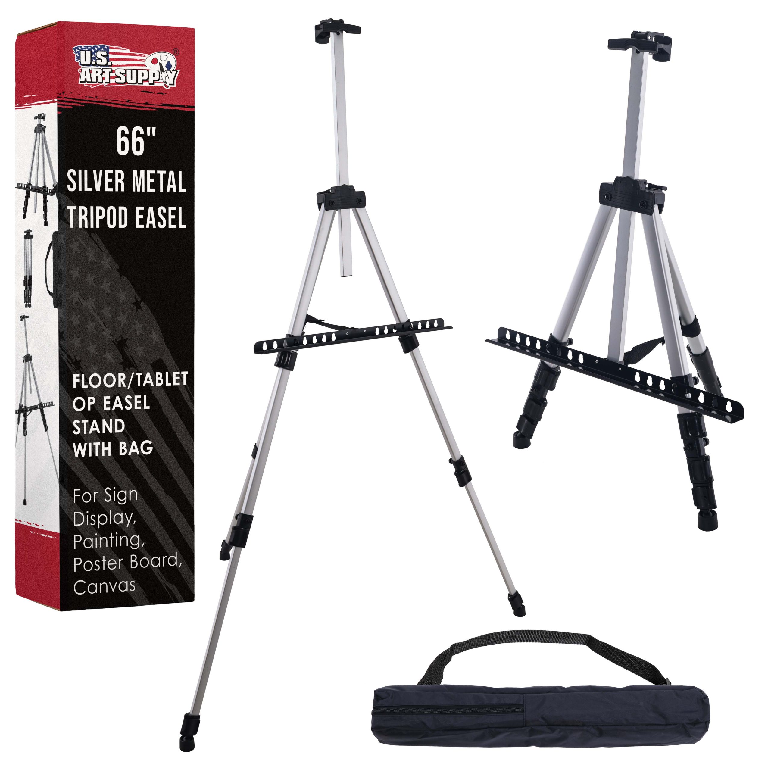 66 Silver Metal Tripod Easel Display - Adjustable 18- 5.5'. Holds 36 Canvas - Floor/Tabletop Easel Stand. For Sign Display. Painting. Poster Board. Canvas - Portable Bag