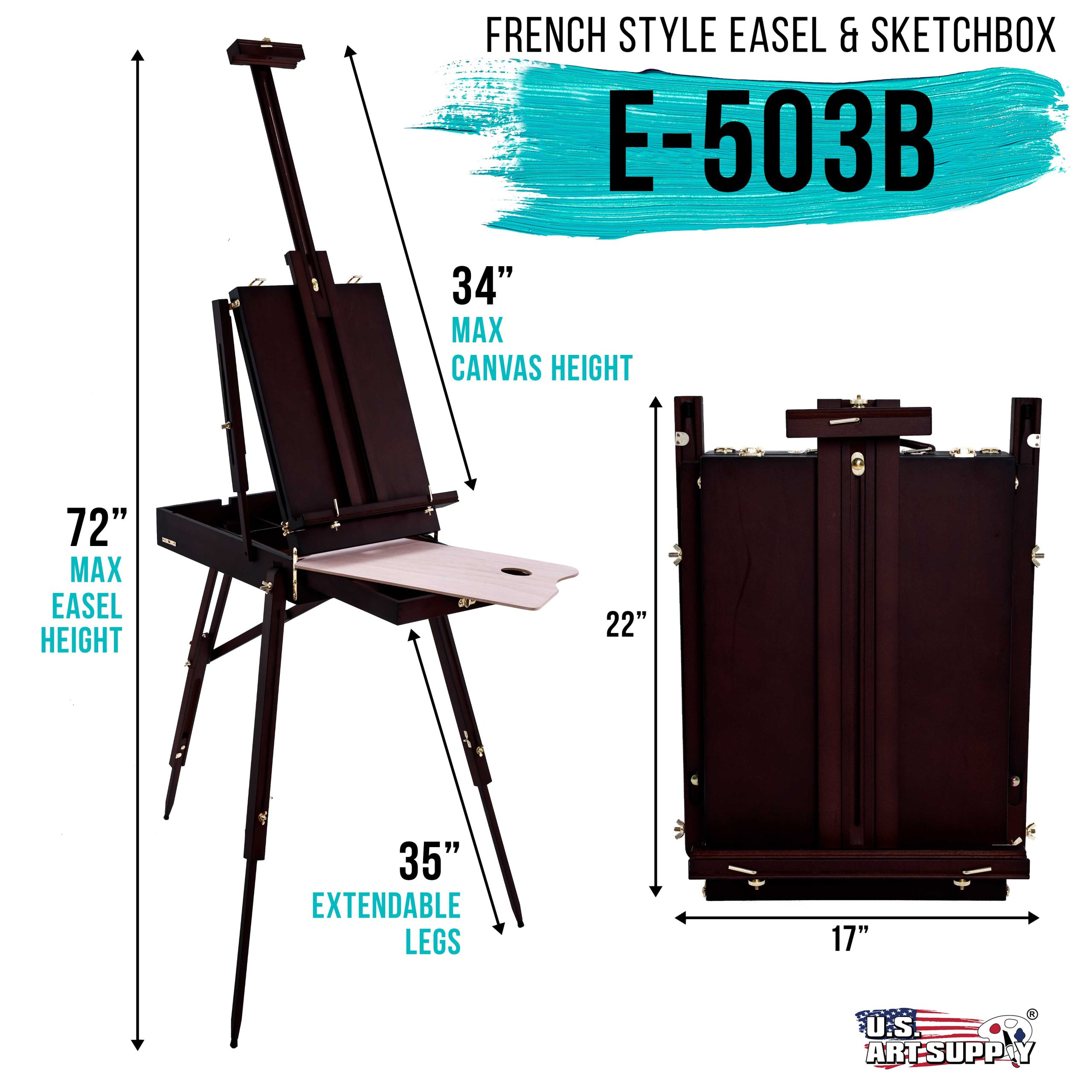 Large Black Cherry French Easel. Adjustable Plein Air Easels. Beechwood Sketchbox Tripod for Field & Studio Painting Easel for Adults. Drawing. Display - Portable with Drawer & Palette - Image 2