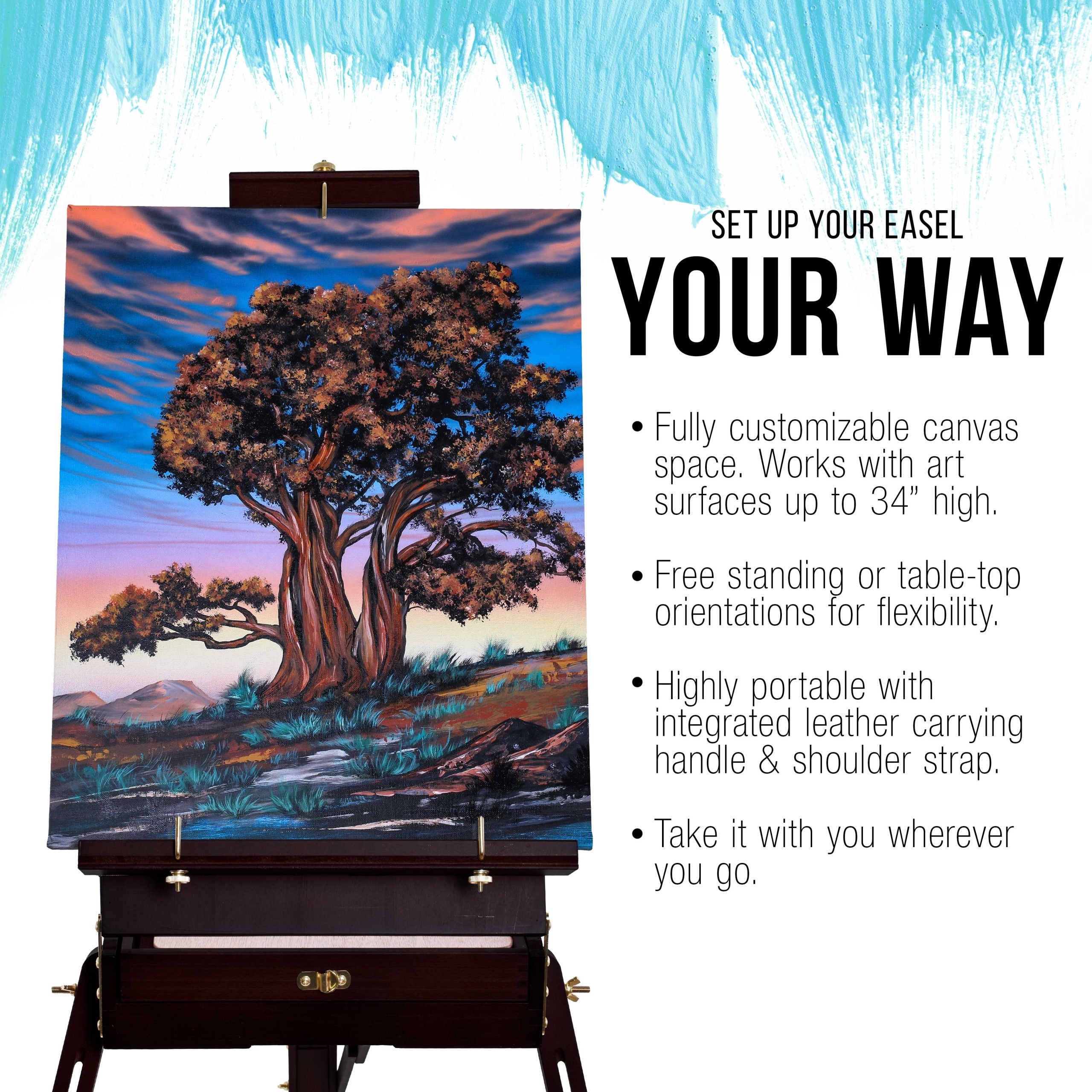 Large Black Cherry French Easel. Adjustable Plein Air Easels. Beechwood Sketchbox Tripod for Field & Studio Painting Easel for Adults. Drawing. Display - Portable with Drawer & Palette - Image 4