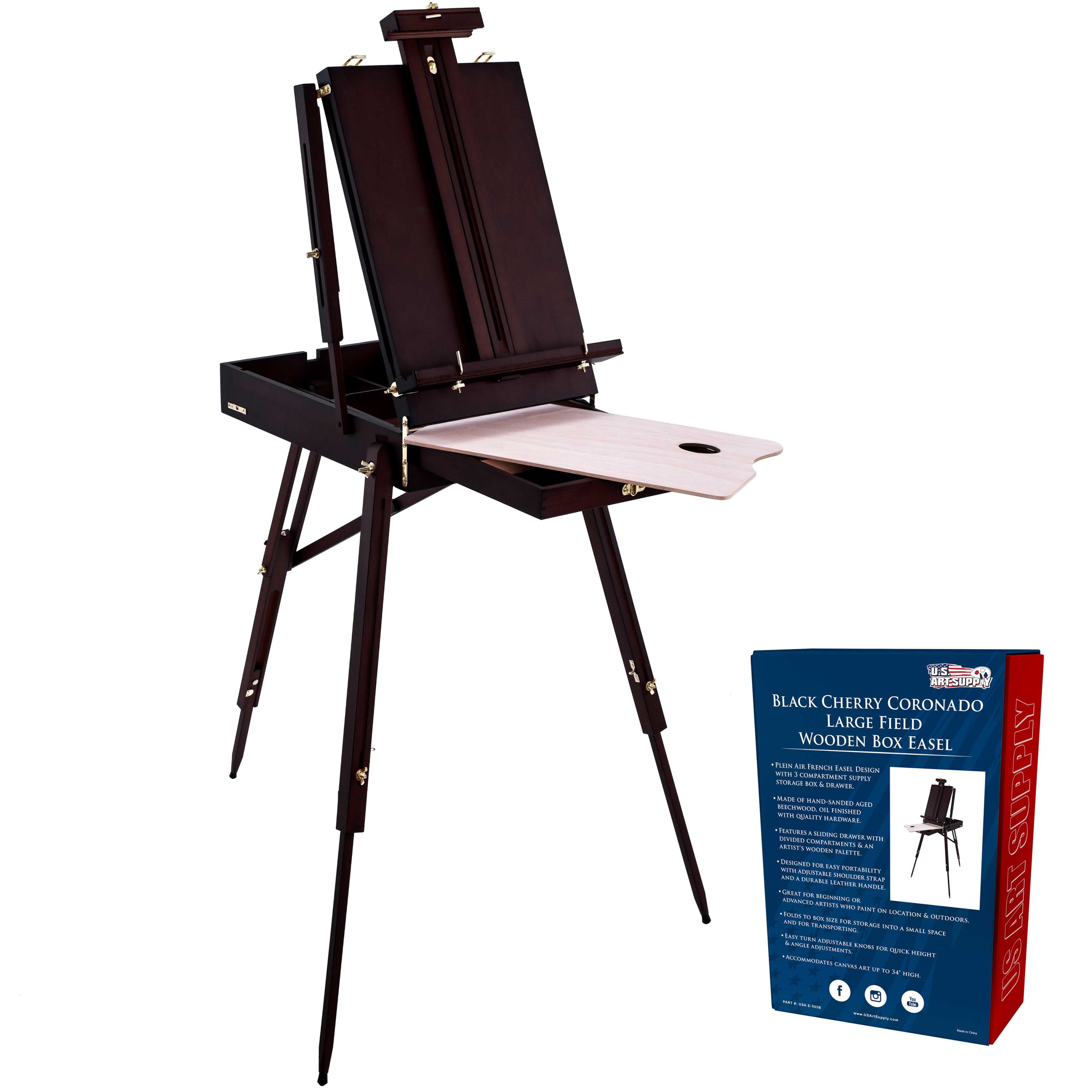 Large Black Cherry French Easel. Adjustable Plein Air Easels. Beechwood Sketchbox Tripod for Field & Studio Painting Easel for Adults. Drawing. Display - Portable with Drawer & Palette