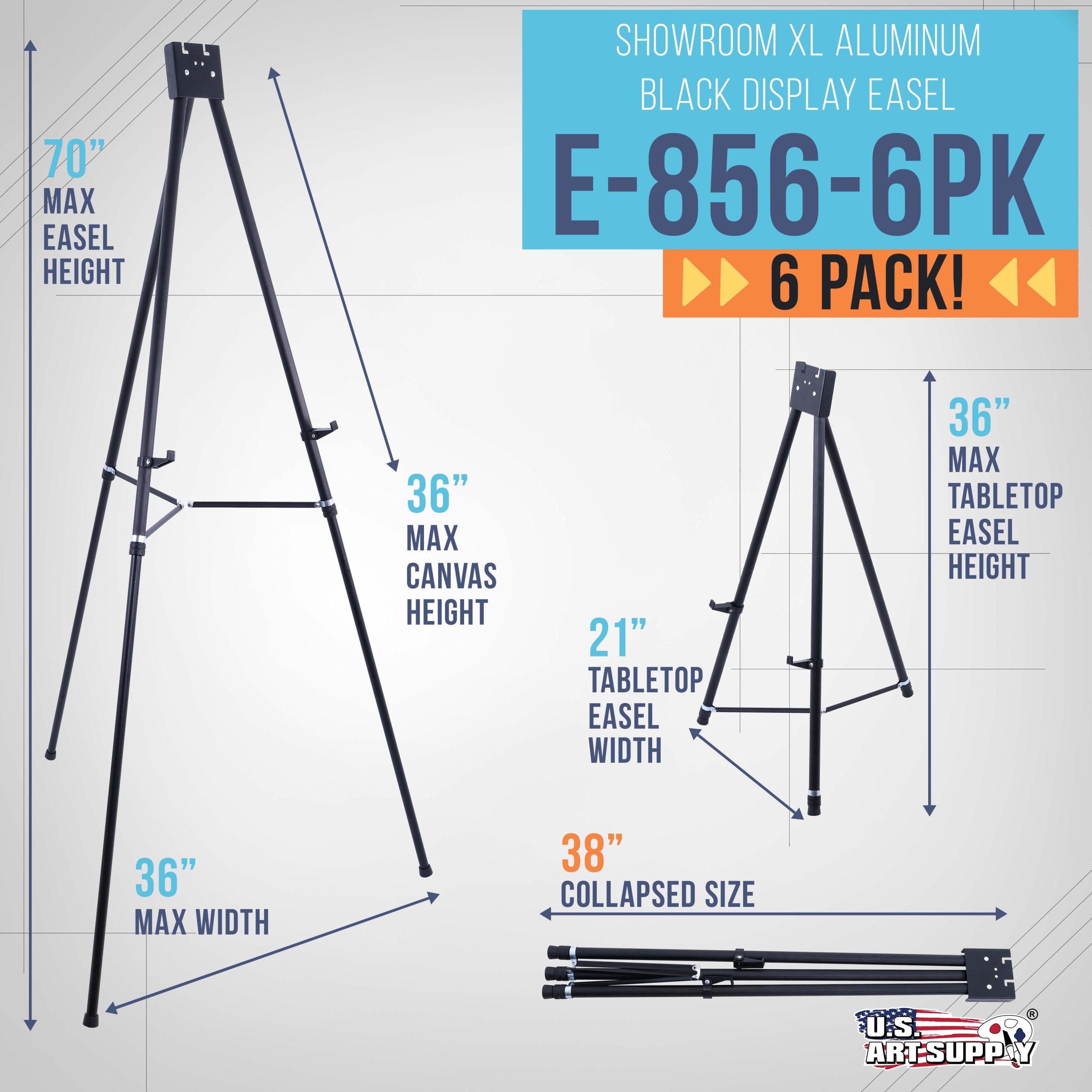 70 High Showroom XL Silver Metal Display Easel (6 Pack) - Large Adjustable Height Portable Easel Stand. Sign Display. Holds 45 lbs - Floor & Tabletop Easels. Painting Stand - Image 2