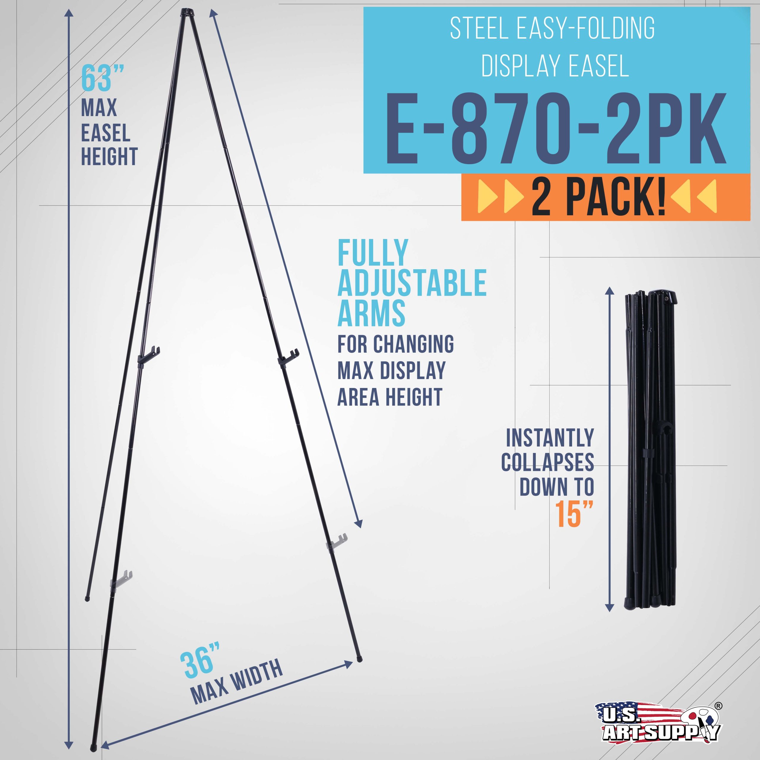 63 High Metal Folding Display Easel (2 Pack) - Adjustable Height. Instantly Collapses. Holds 5 lbs - Portable Art Easel Stand - For Sign. Poster. Canvas. Painting. Picture Display - Image 2