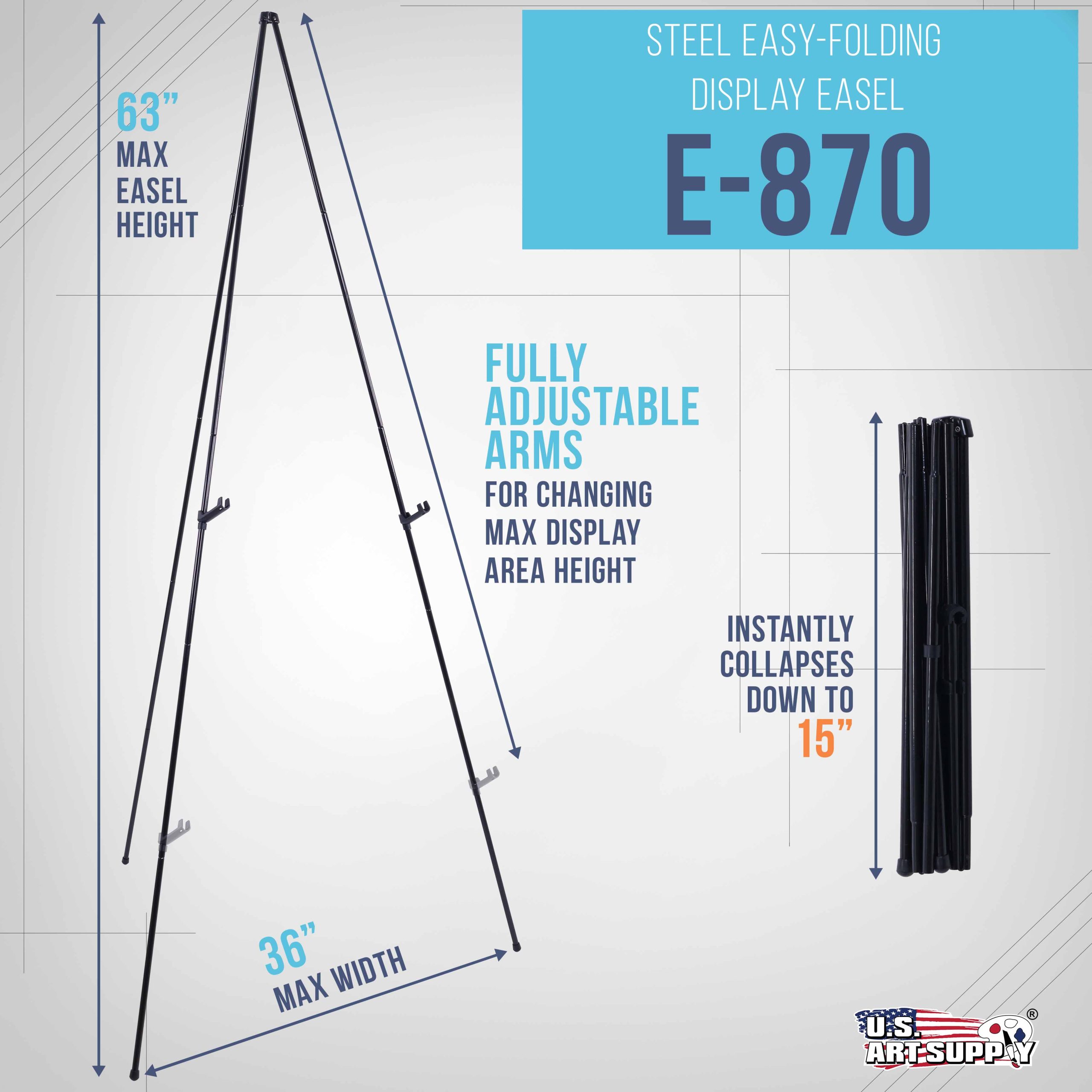 63 High Metal Folding Display Easel - Adjustable Height. Instantly Collapses. Holds 5 lbs - Portable Art Easel Stand - For Sign. Poster. Canvas. Painting. Picture Display - Image 2