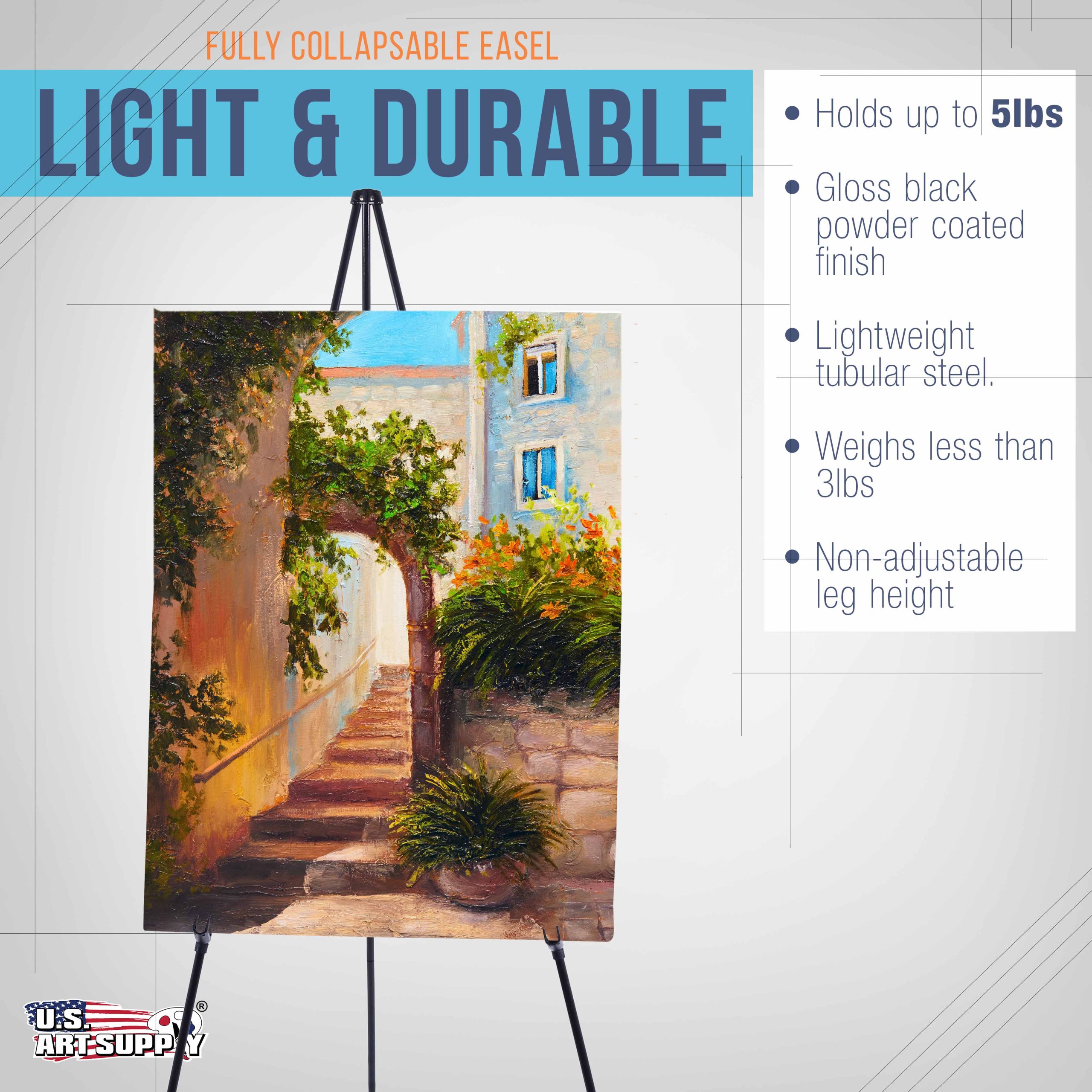 63 High Metal Folding Display Easel - Adjustable Height. Instantly Collapses. Holds 5 lbs - Portable Art Easel Stand - For Sign. Poster. Canvas. Painting. Picture Display - Image 4