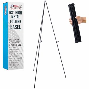 63 High Metal Folding Display Easel - Adjustable Height. Instantly Collapses. Holds 5 lbs - Portable Art Easel Stand - For Sign. Poster. Canvas. Painting. Picture Display