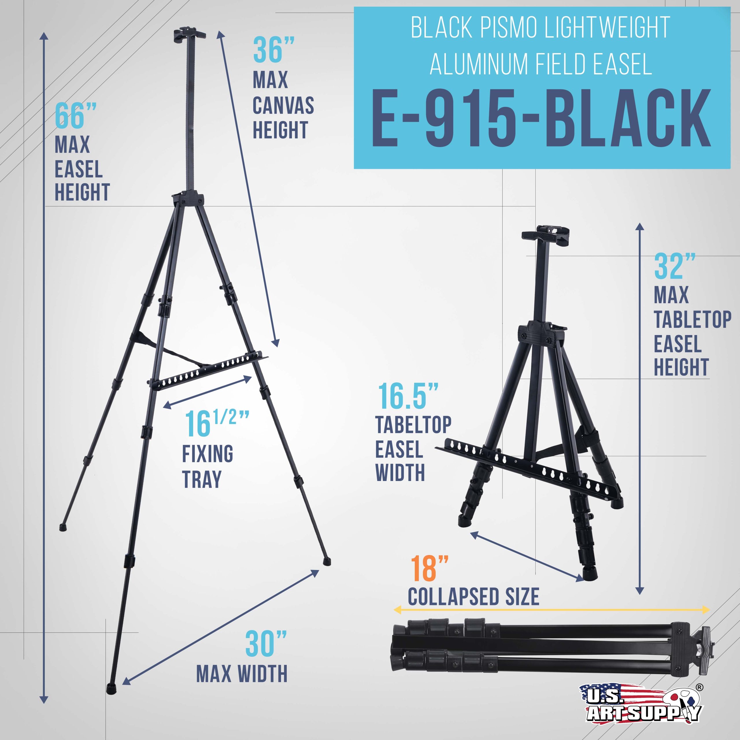 66 Black Metal Tripod Easel Display - Adjustable 20- 5.5'. Holds 32 Canvas - Floor/Tabletop Easel Stand. For Sign Display. Painting. Poster Board. Canvas - Portable Bag - Image 2