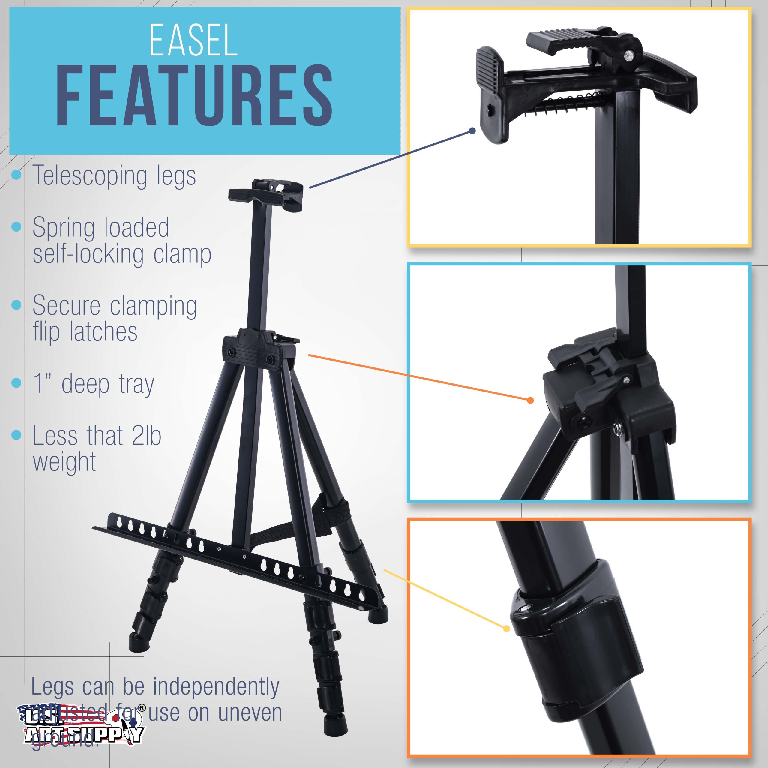 66 Black Metal Tripod Easel Display - Adjustable 20- 5.5'. Holds 32 Canvas - Floor/Tabletop Easel Stand. For Sign Display. Painting. Poster Board. Canvas - Portable Bag - Image 3