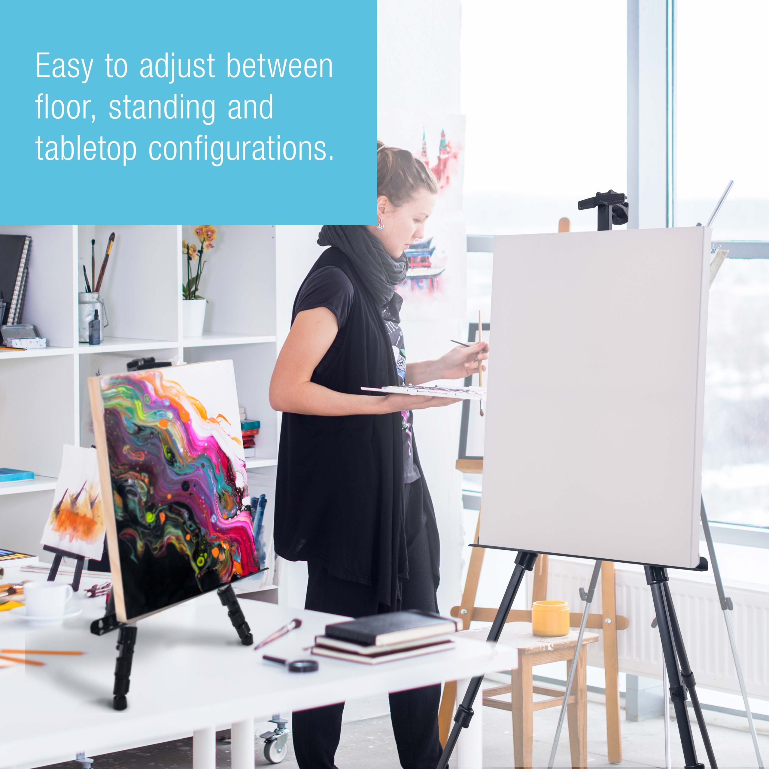 66 Black Metal Tripod Easel Display - Adjustable 20- 5.5'. Holds 32 Canvas - Floor/Tabletop Easel Stand. For Sign Display. Painting. Poster Board. Canvas - Portable Bag - Image 5