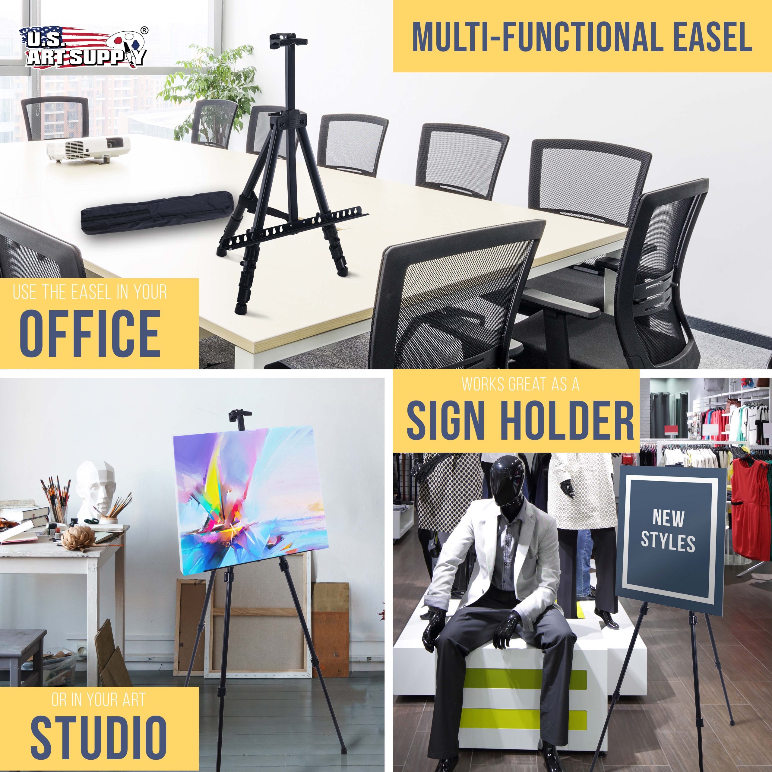 66 Black Metal Tripod Easel Display - Adjustable 20- 5.5'. Holds 32 Canvas - Floor/Tabletop Easel Stand. For Sign Display. Painting. Poster Board. Canvas - Portable Bag - Image 6