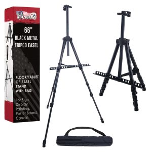 66 Black Metal Tripod Easel Display - Adjustable 20- 5.5'. Holds 32 Canvas - Floor/Tabletop Easel Stand. For Sign Display. Painting. Poster Board. Canvas - Portable Bag