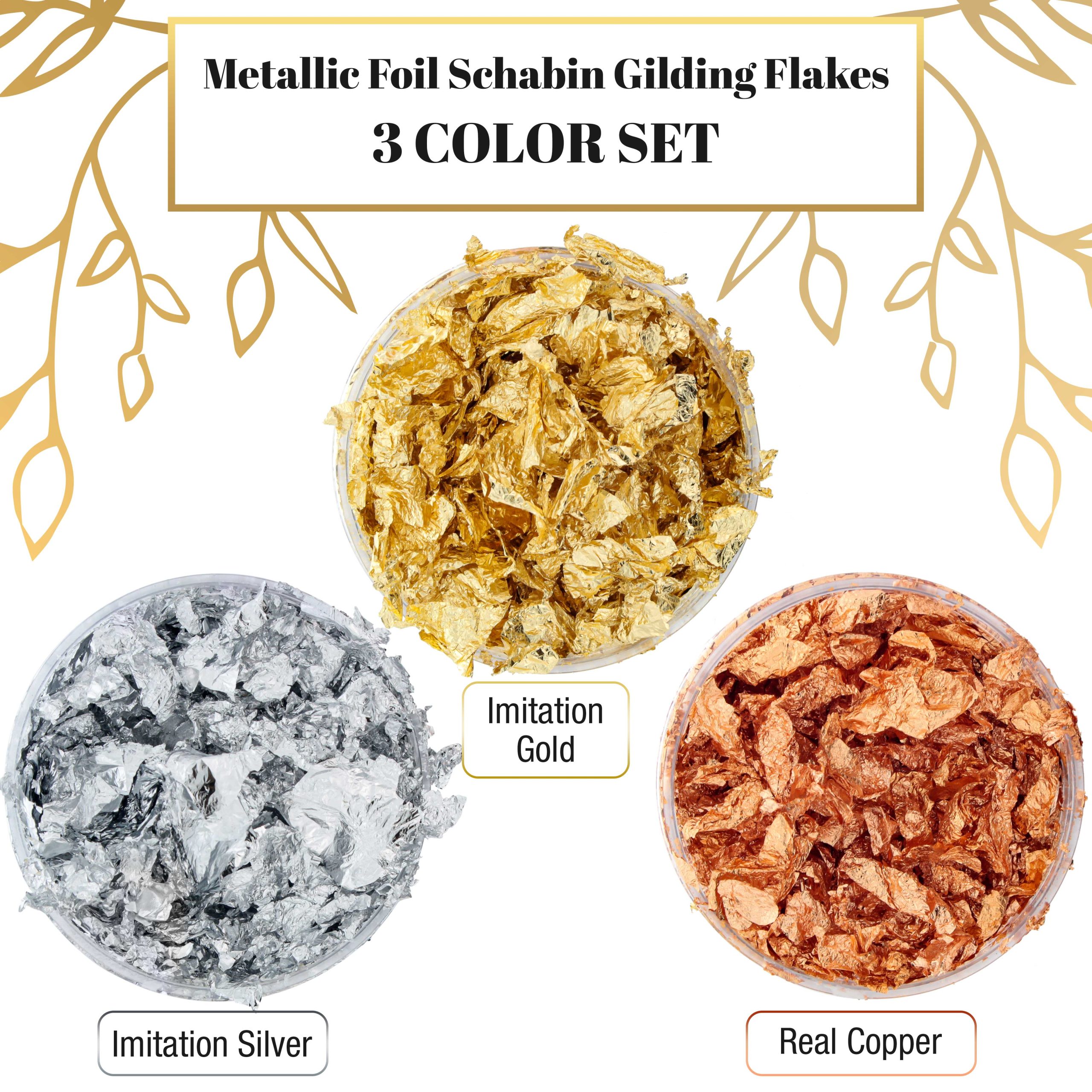 Metallic Foil Schabin Gilding Flakes (3 Pack). Imitation Copper. Silver & Gold 10 Gram Bottles - Metal Leaf Foil Flakes for Resin. Nails. Crafts. Painting. Jewelry. Slime - Image 2