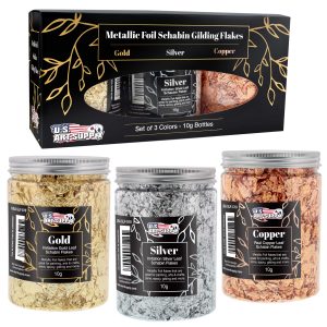 Metallic Foil Schabin Gilding Flakes (3 Pack). Imitation Copper. Silver & Gold 10 Gram Bottles - Metal Leaf Foil Flakes for Resin. Nails. Crafts. Painting. Jewelry. Slime